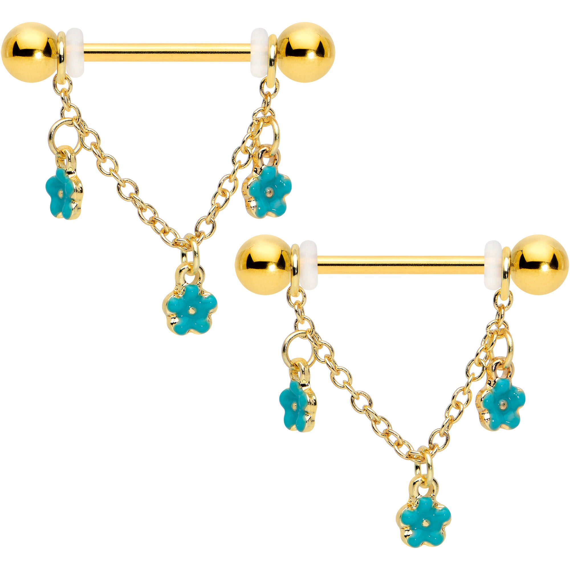 14G 9/16 Gold Tone Blue Flowers Chain Dangle Nipple Ring Set