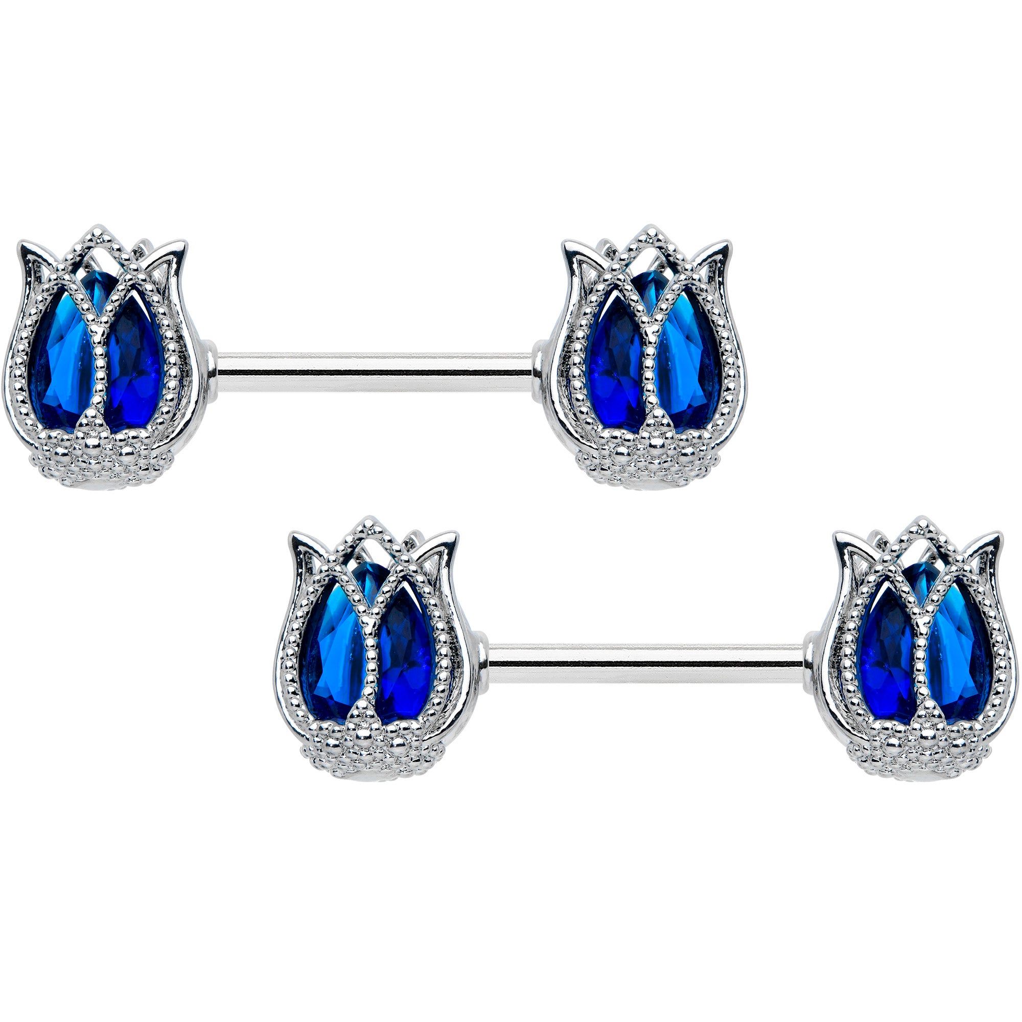 14G 9/16 Blue Gem Tulip Flower Barbell Nipple Ring Set