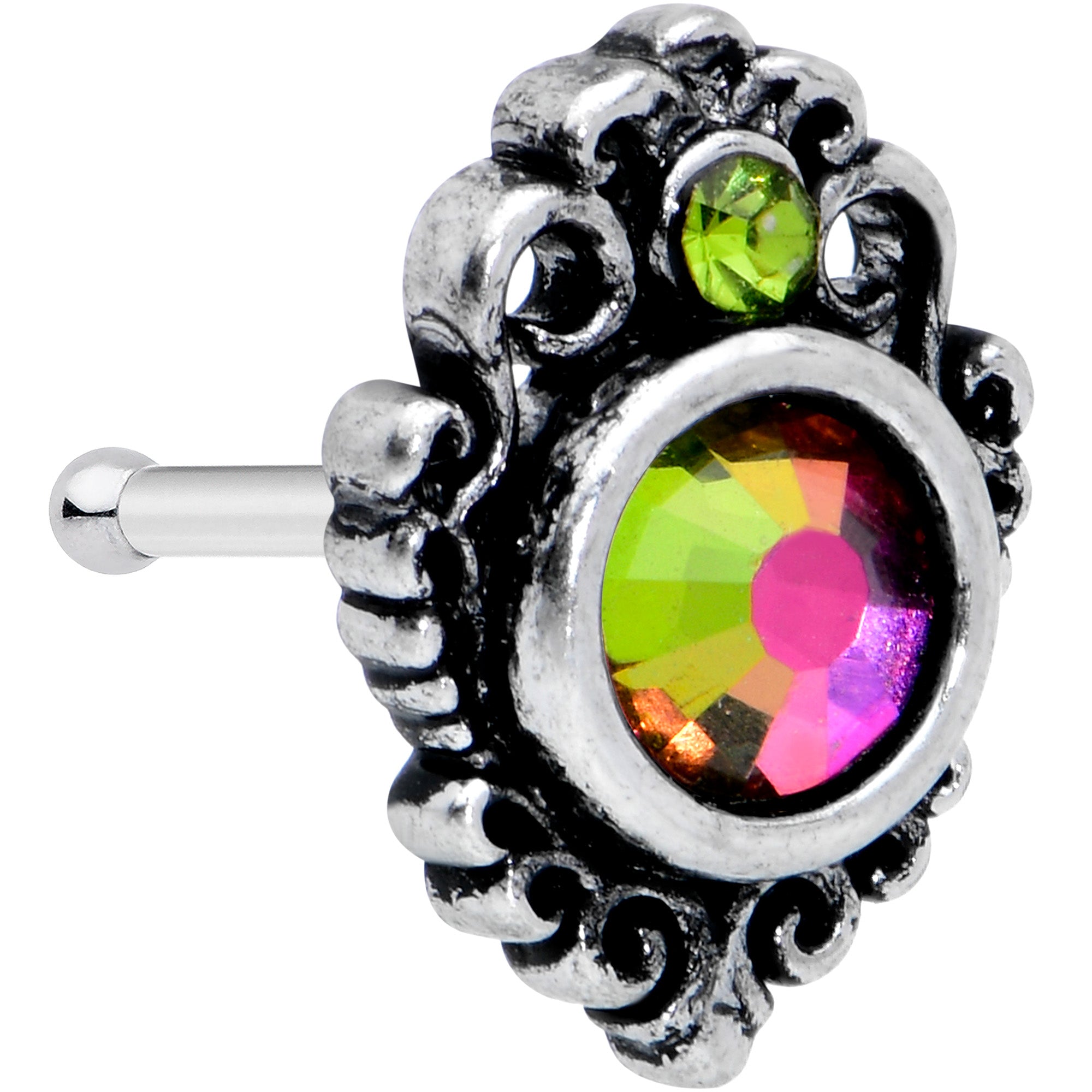 20G 1/4 Orange Green Tourmaline Fire Nose Bone