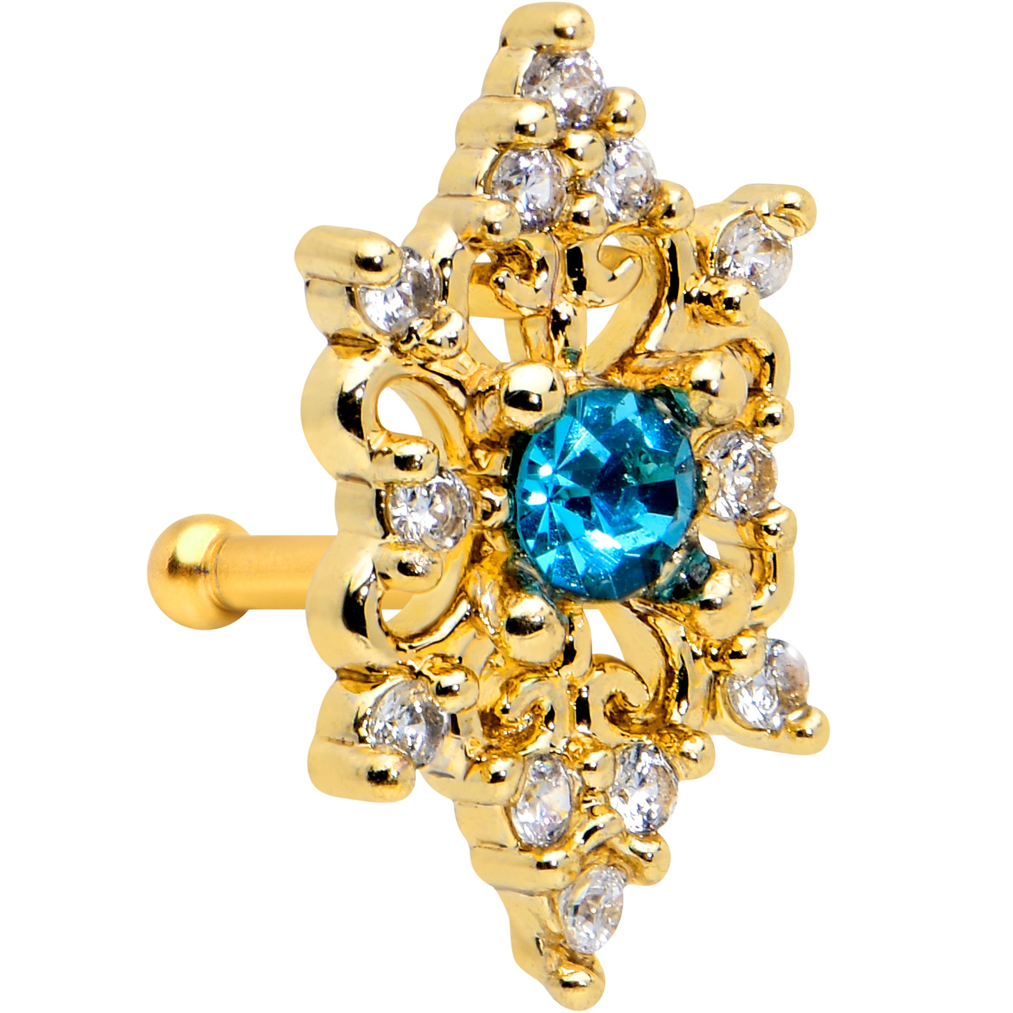 20G 1/4 Clear Blue Gem Gold Tone Royal Heart Nose Bone