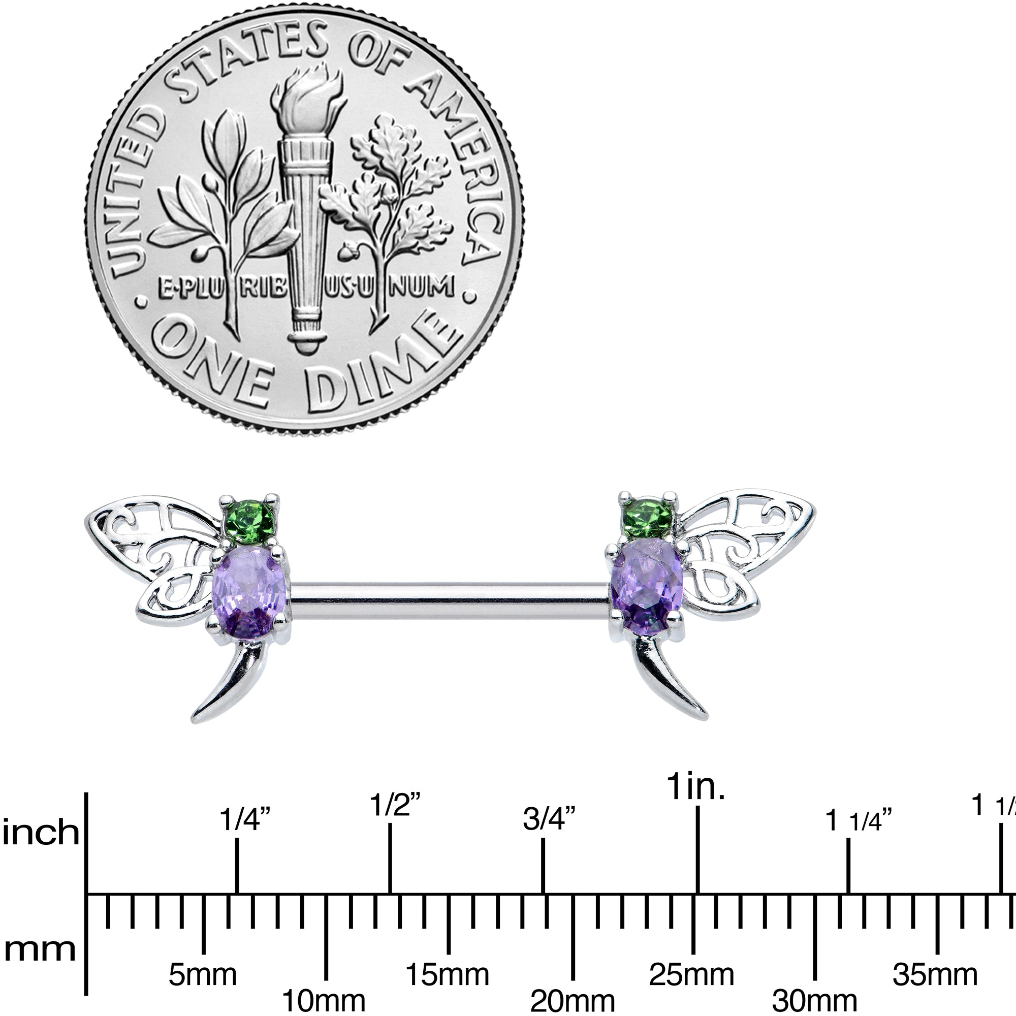14G 9/16 Purple Green Gem Dragonfly Barbell Nipple Ring Set