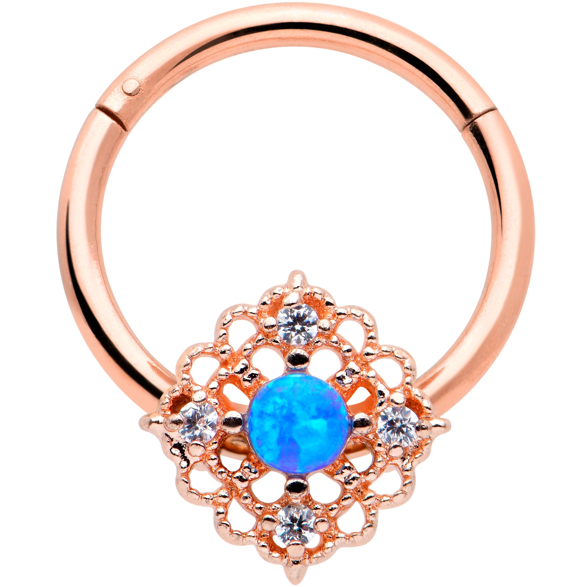 16G 3/8 Blue Synthetc Opal Rose Gold Hue Lacy Hinged Segment Ring