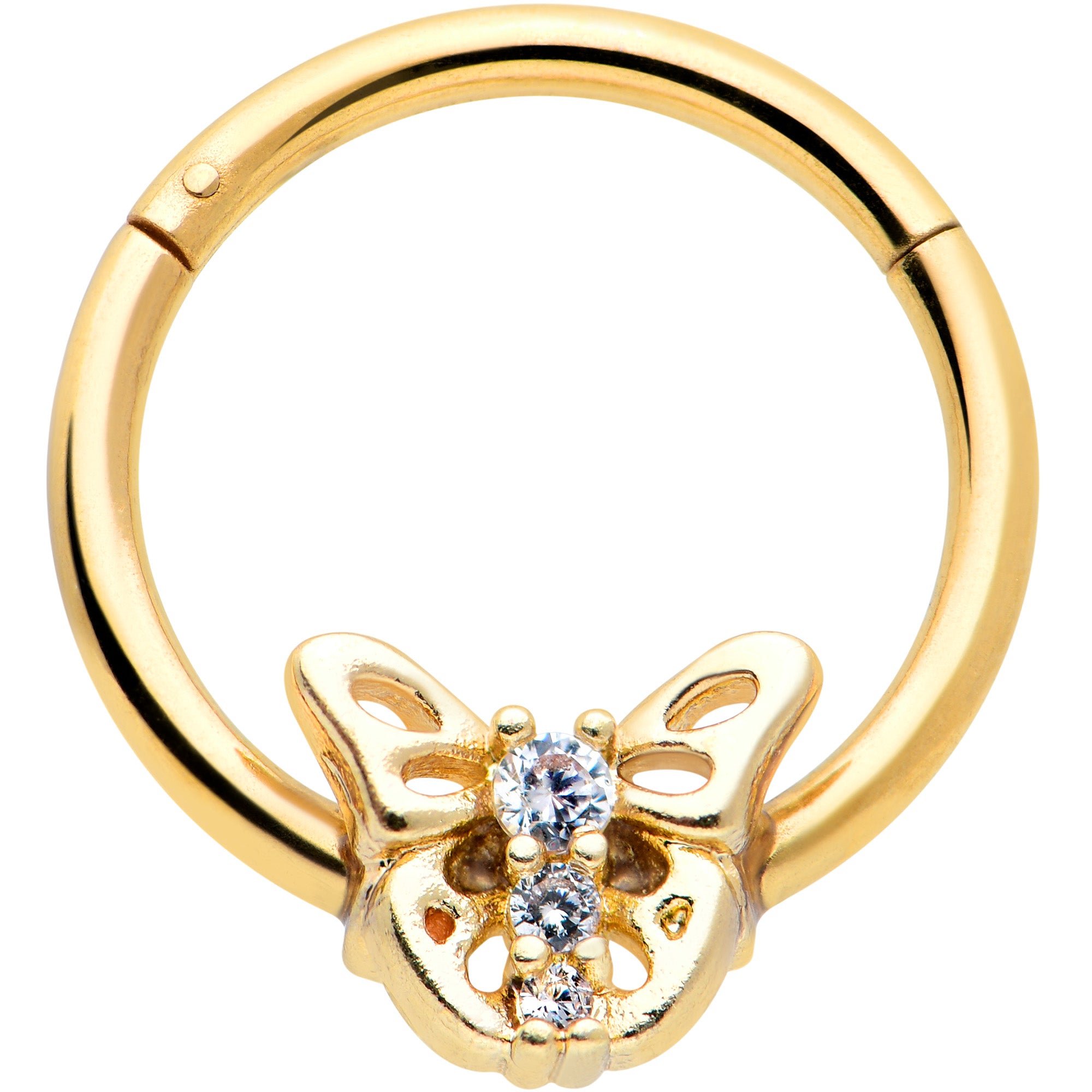 16G 3/8 Clear CZ Gem Gold Tone Open Butterfly Hinged Segment Ring