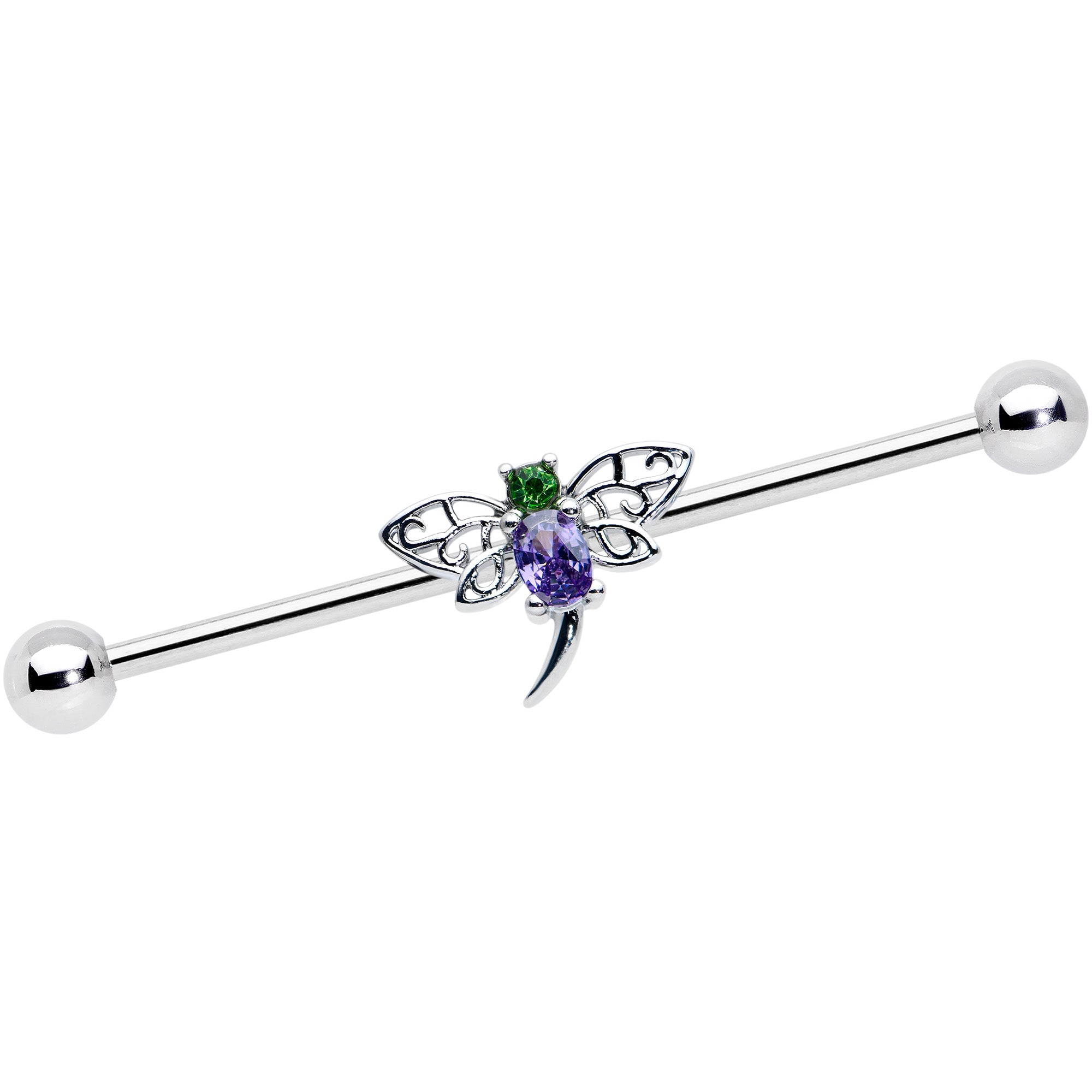 14G Purple Green Gem Dragonfly Industrial Barbell 38mm