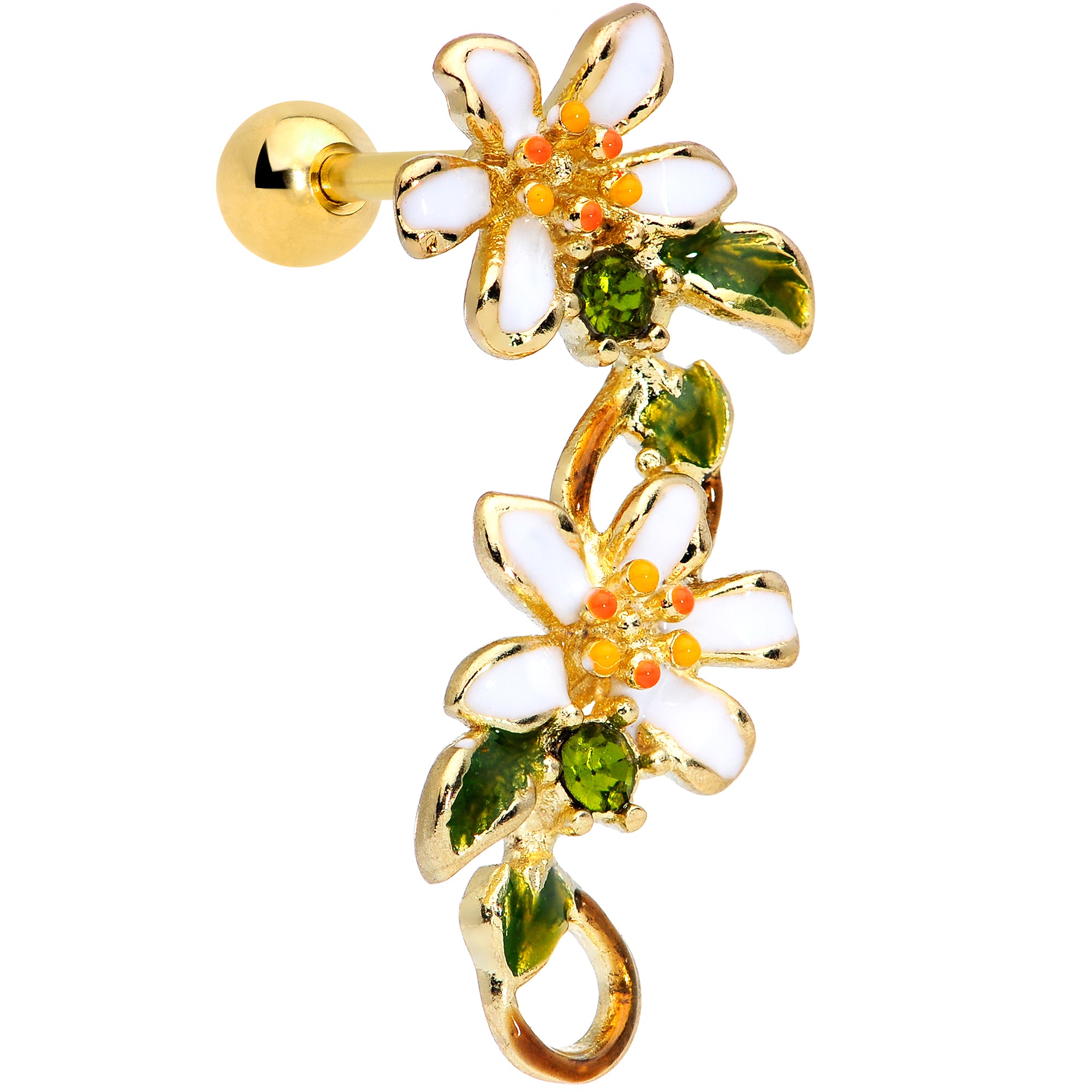 16G 1/4 Green Gem Gold Tone Daisy Flower Cartilage Tragus Earring
