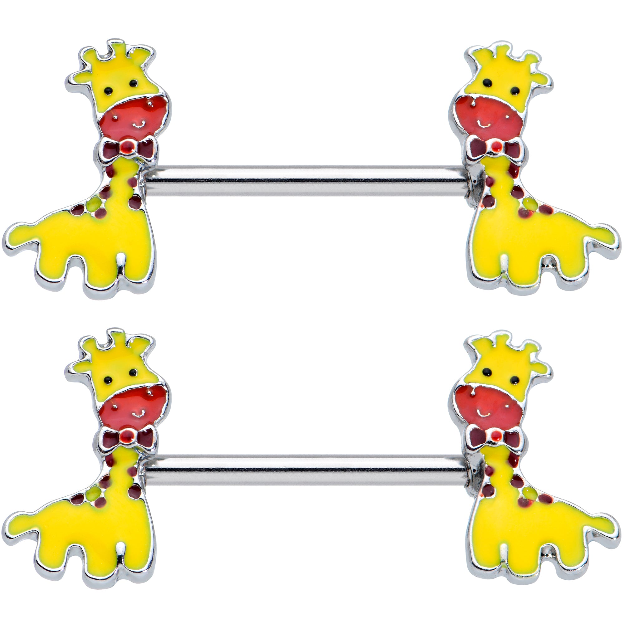 14G 9/16 Bow Tie Yellow Red Giraffe Barbell Nipple Ring Set
