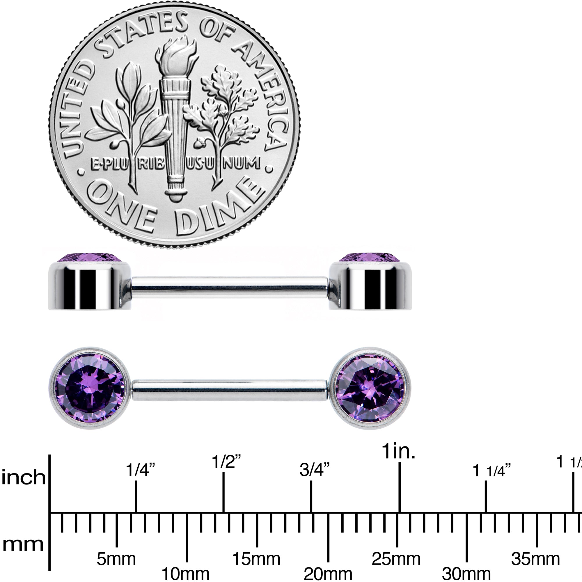 14G 9/16 Purple CZ Gem G23 Titanium Threadless Nipple Ring Set