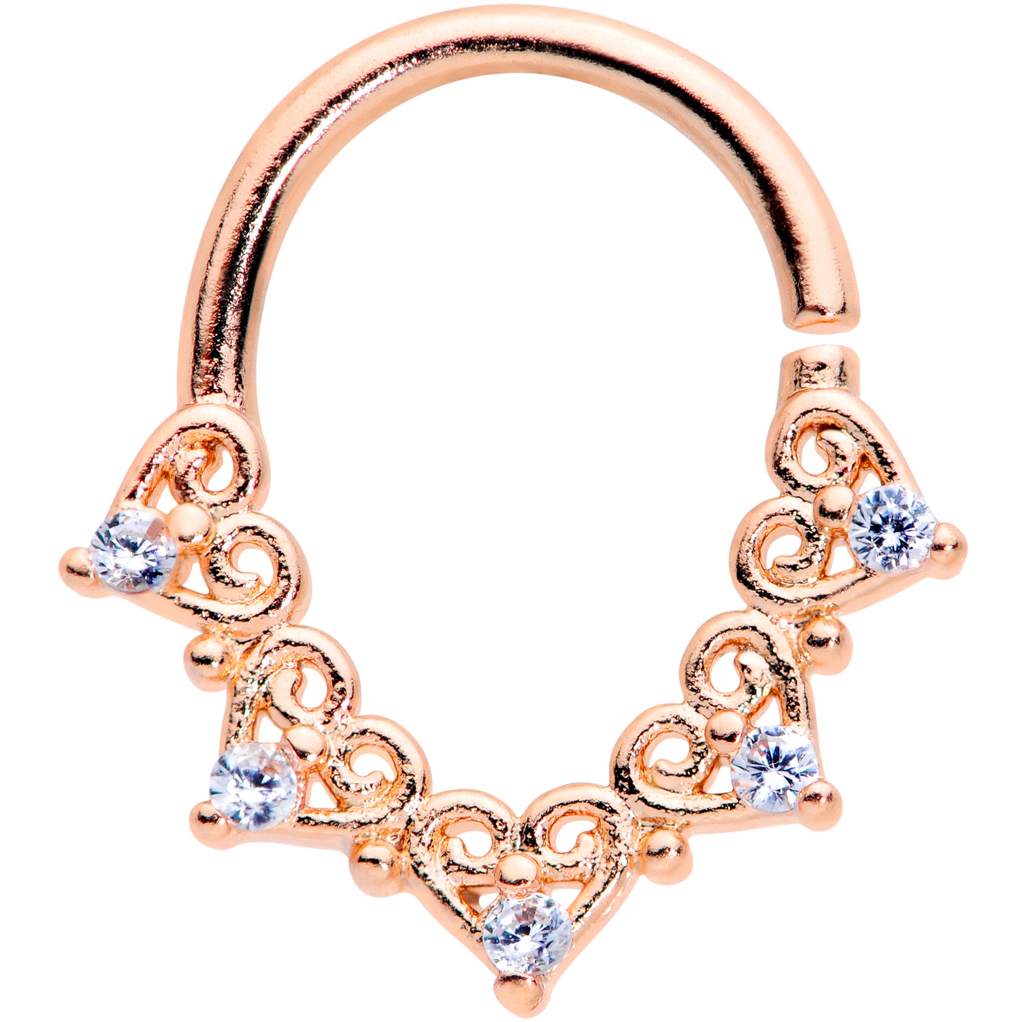 16G 5/16 Clear CZ Gem Rose Gold Tone Heart Filigree Closure Ring