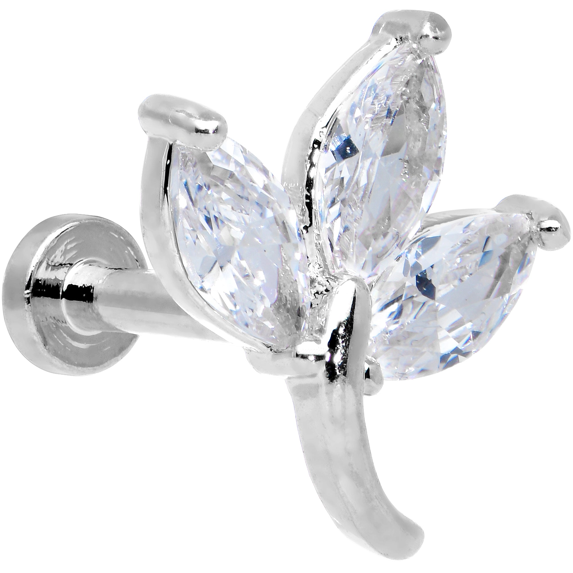 16G 1/4 Clear CZ Gem Leaves Internally Threaded Labret Tragus