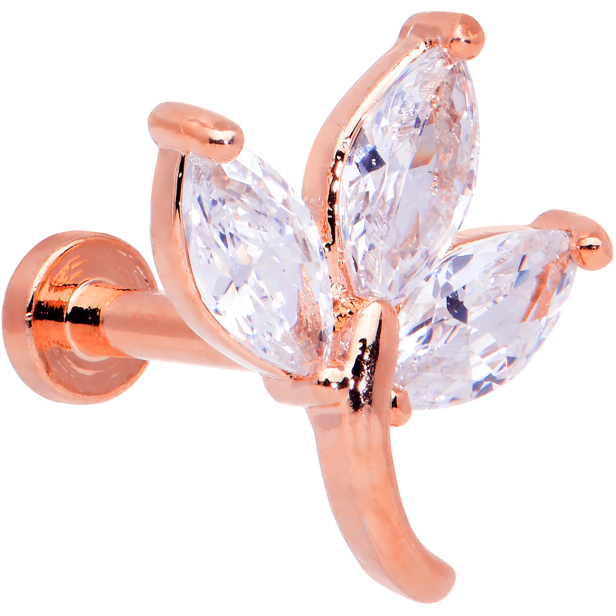 16G 1/4 Clear CZ Gem Rose Gold Tone Leaves Internal Thread Labret