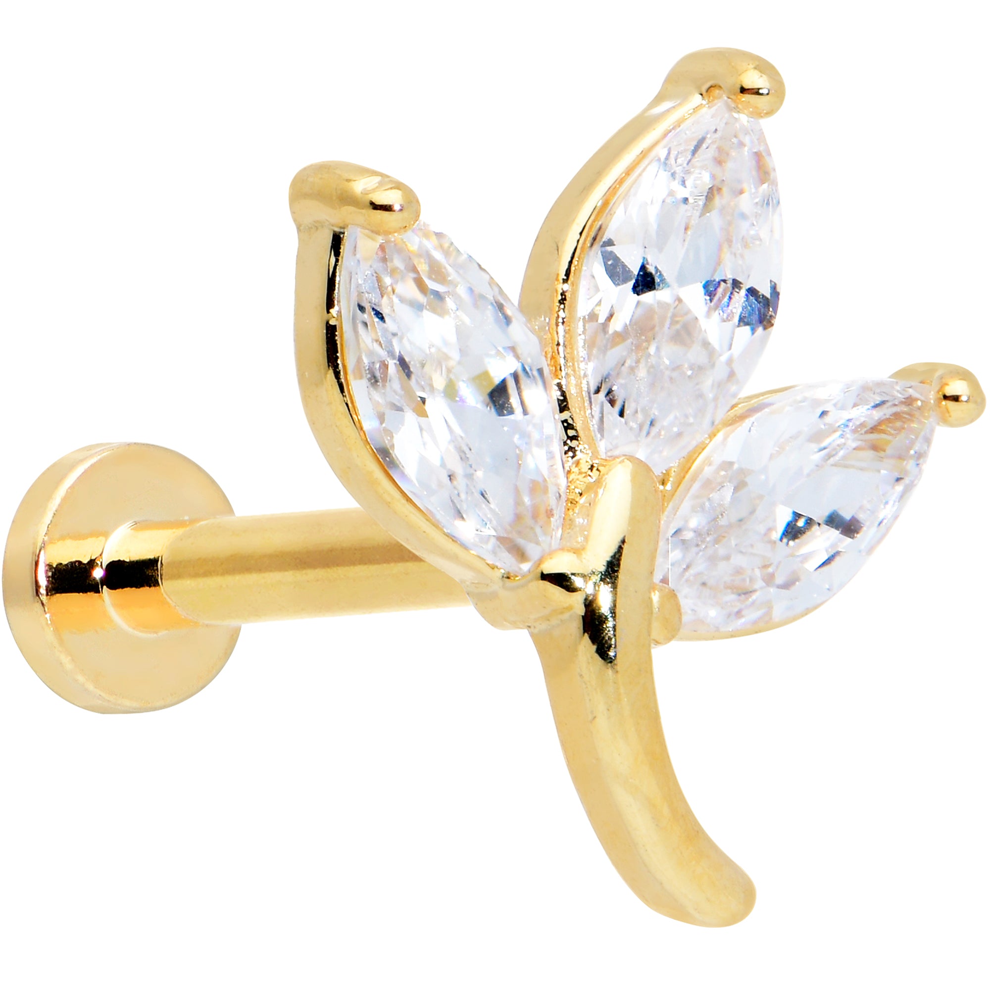 16G 5/16 Clear CZ Gem Gold Tone Leaves Internally Threaded Labret