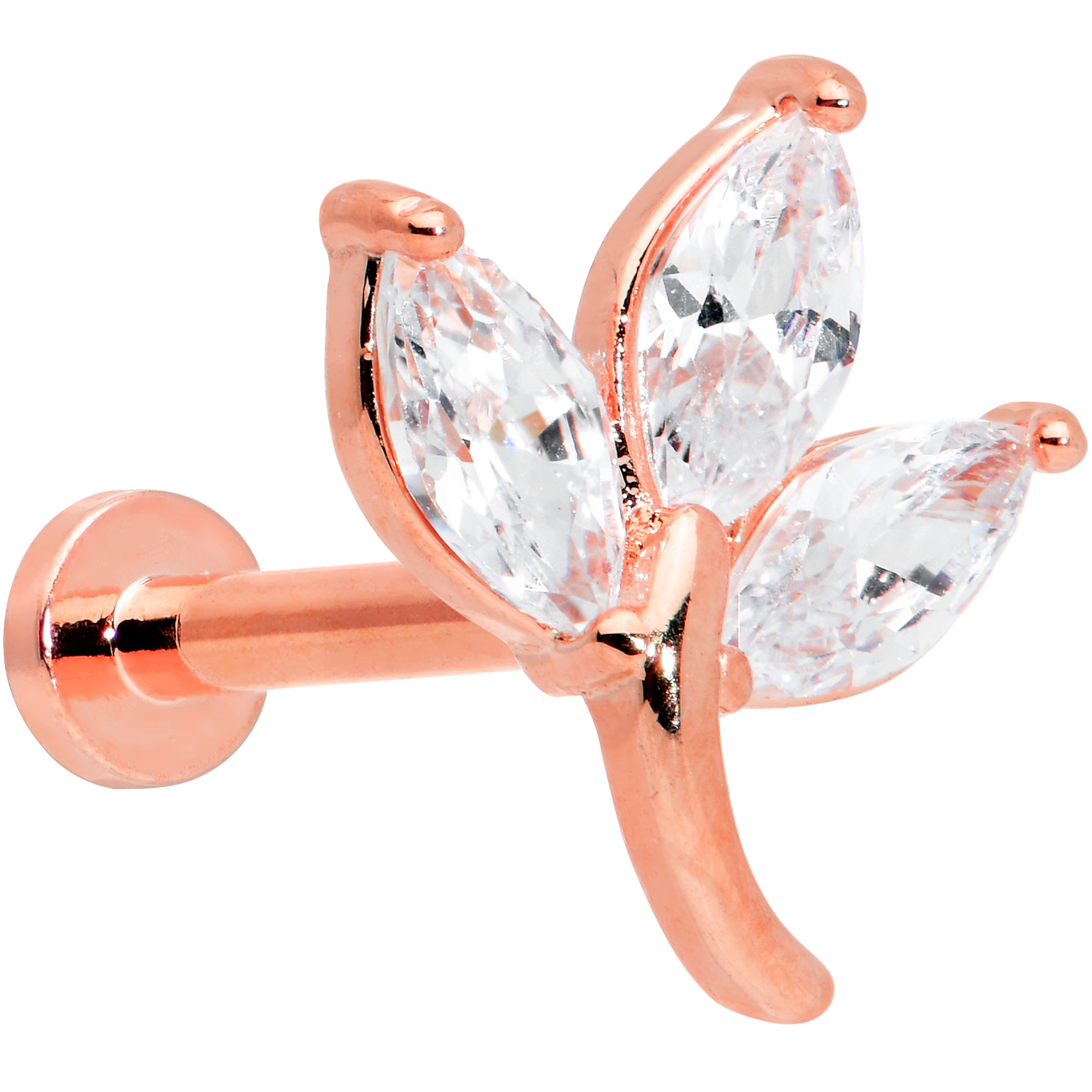 16G 5/16 Clear CZ Gem Rose Gold Tone Leaf Internal Thread Labret