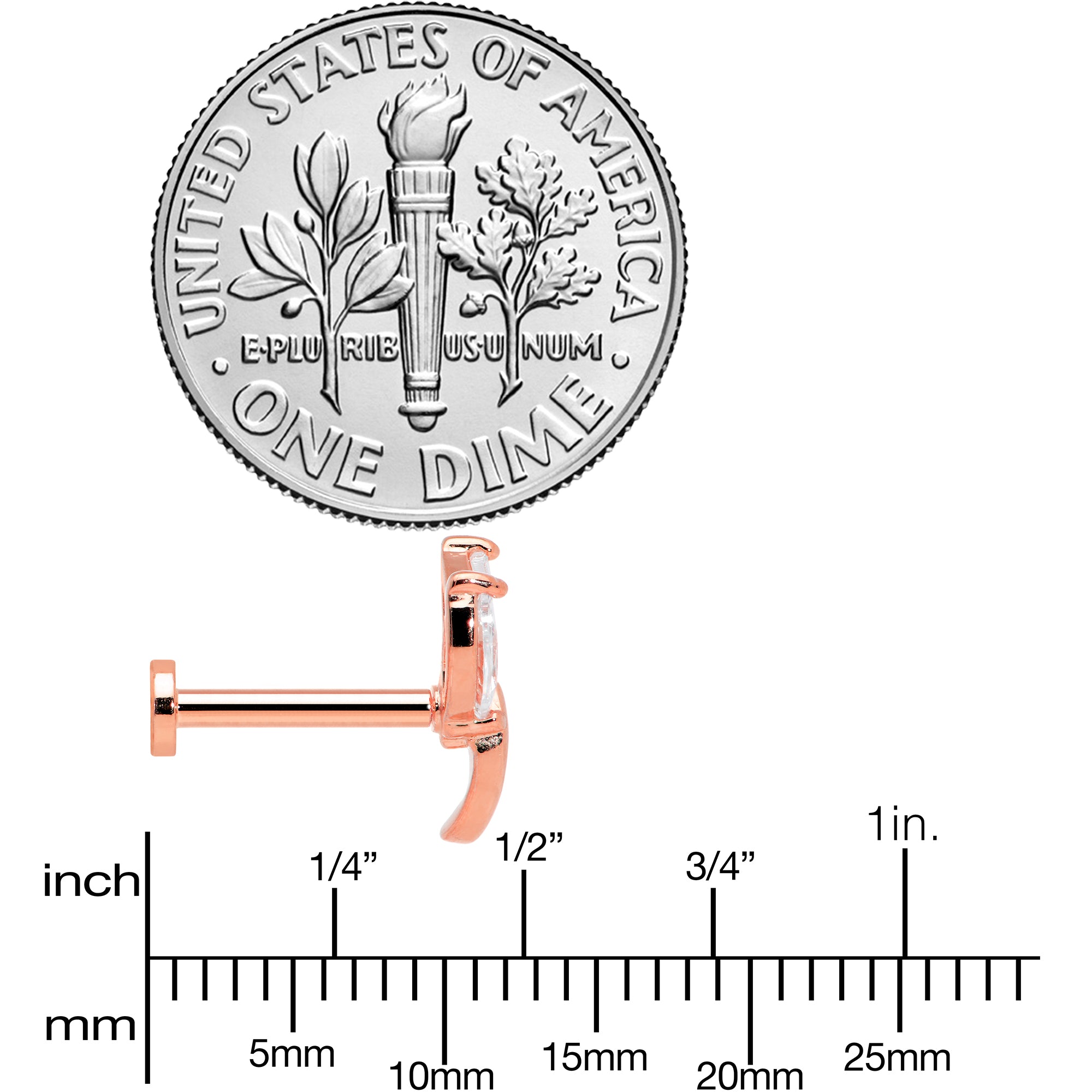 16G 5/16 Clear CZ Gem Rose Gold Tone Leaf Internal Thread Labret