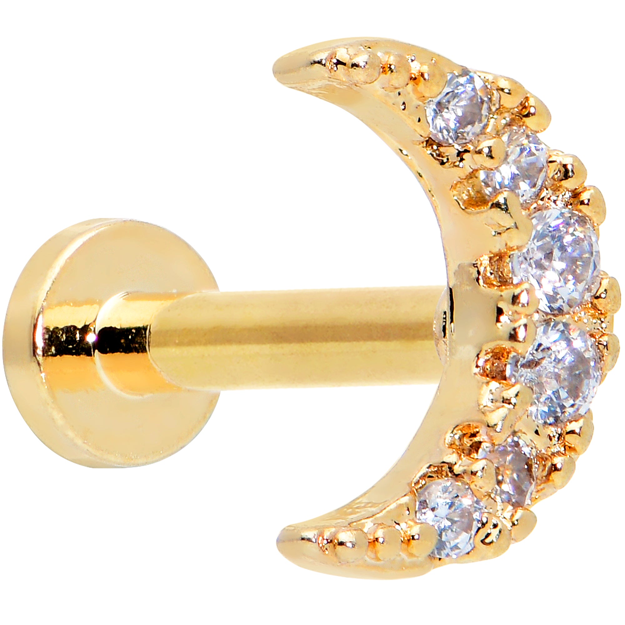 16G 1/4 Clear CZ Gem Gold Tone Moon Internal Thread Labret Tragus