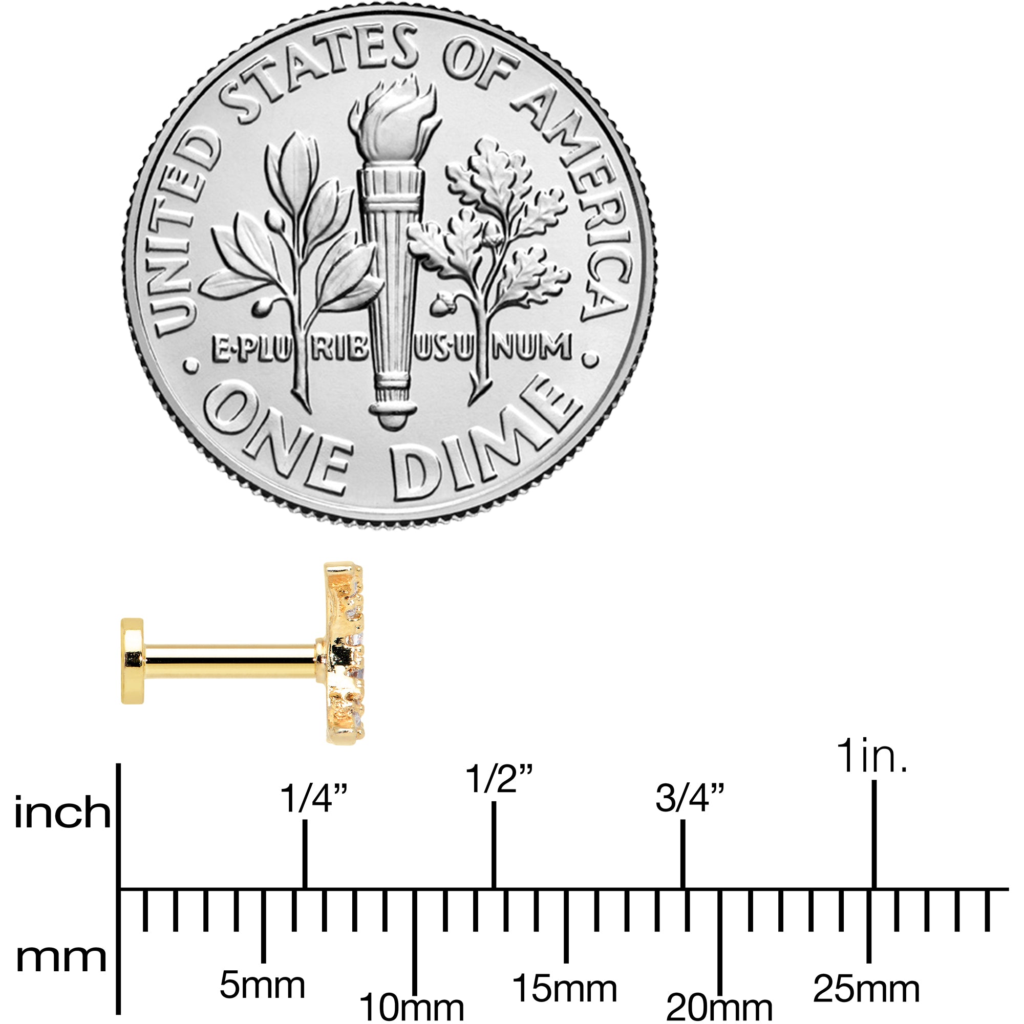 16G 1/4 Clear CZ Gem Gold Tone Moon Internal Thread Labret Tragus