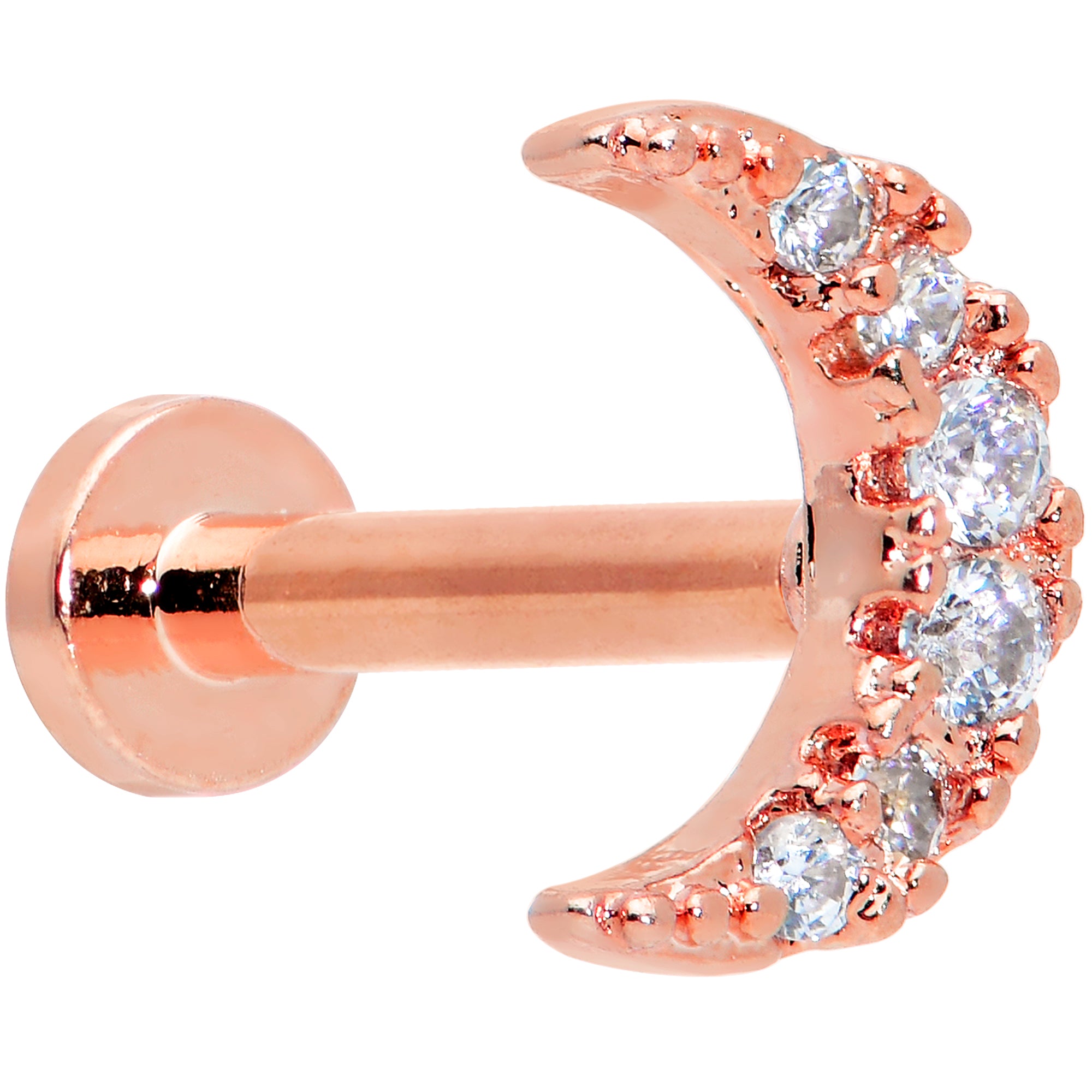 16G 5/16 Clear CZ Gem Rose Gold Tone Moon Internal Thread Labret