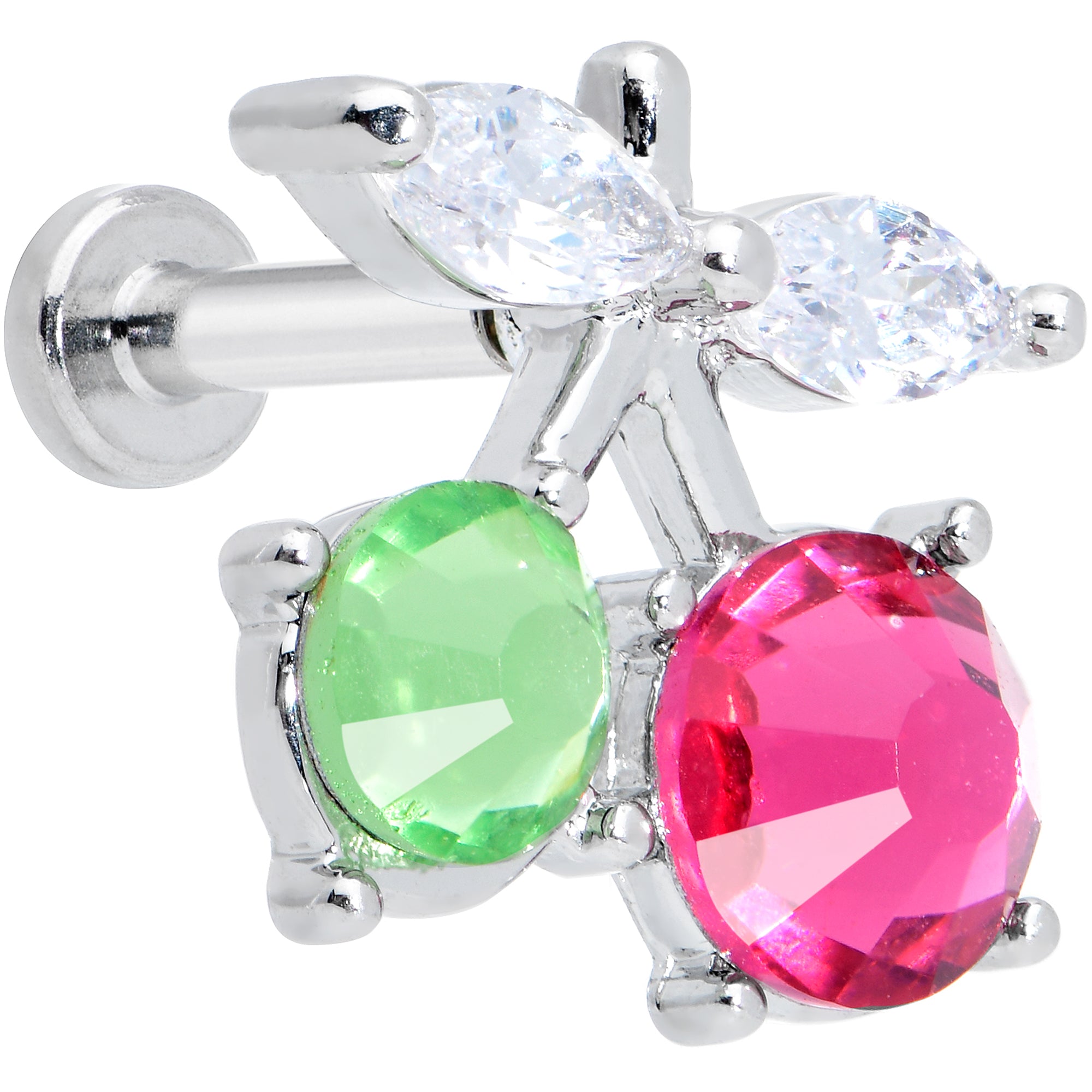 16G 1/4 Red Green CZ Gem Internal Thread Cherries Labret Tragus