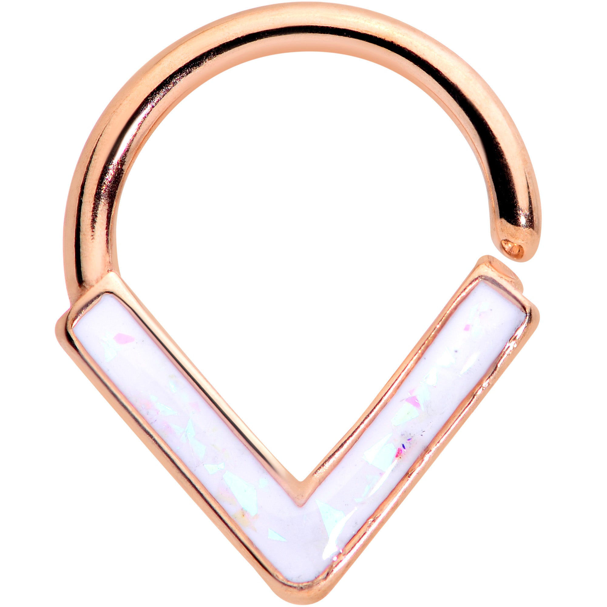 16G 5/16 White Faux Opal Rose Gold Tone Chevron Closure Ring