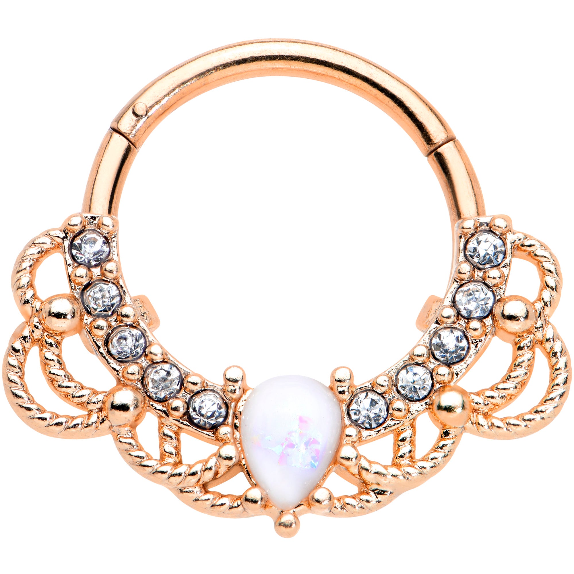 16G 3/8 White Faux Opal Rose Gold Tone Lace Hinged Segment Ring