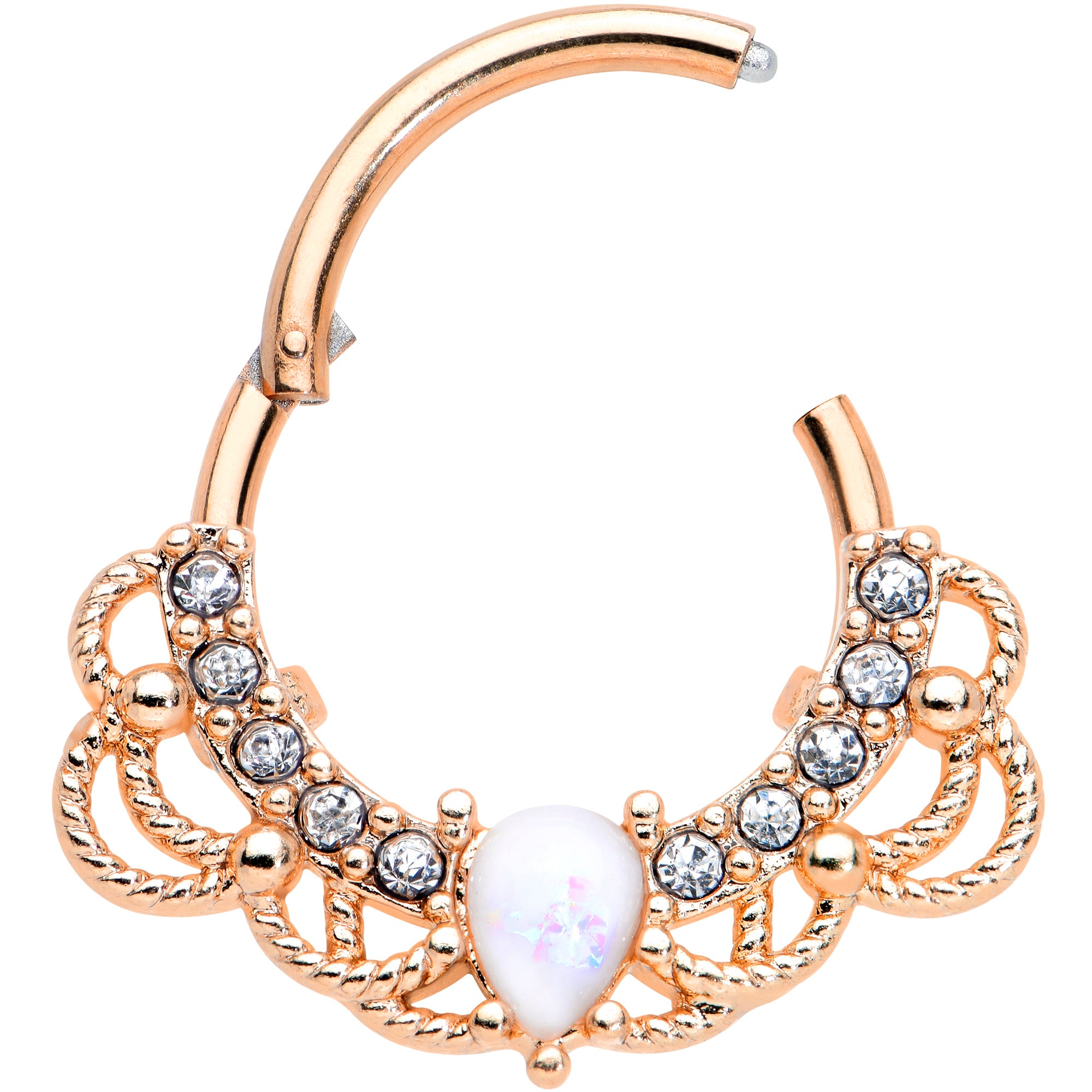 16G 3/8 White Faux Opal Rose Gold Tone Lace Hinged Segment Ring