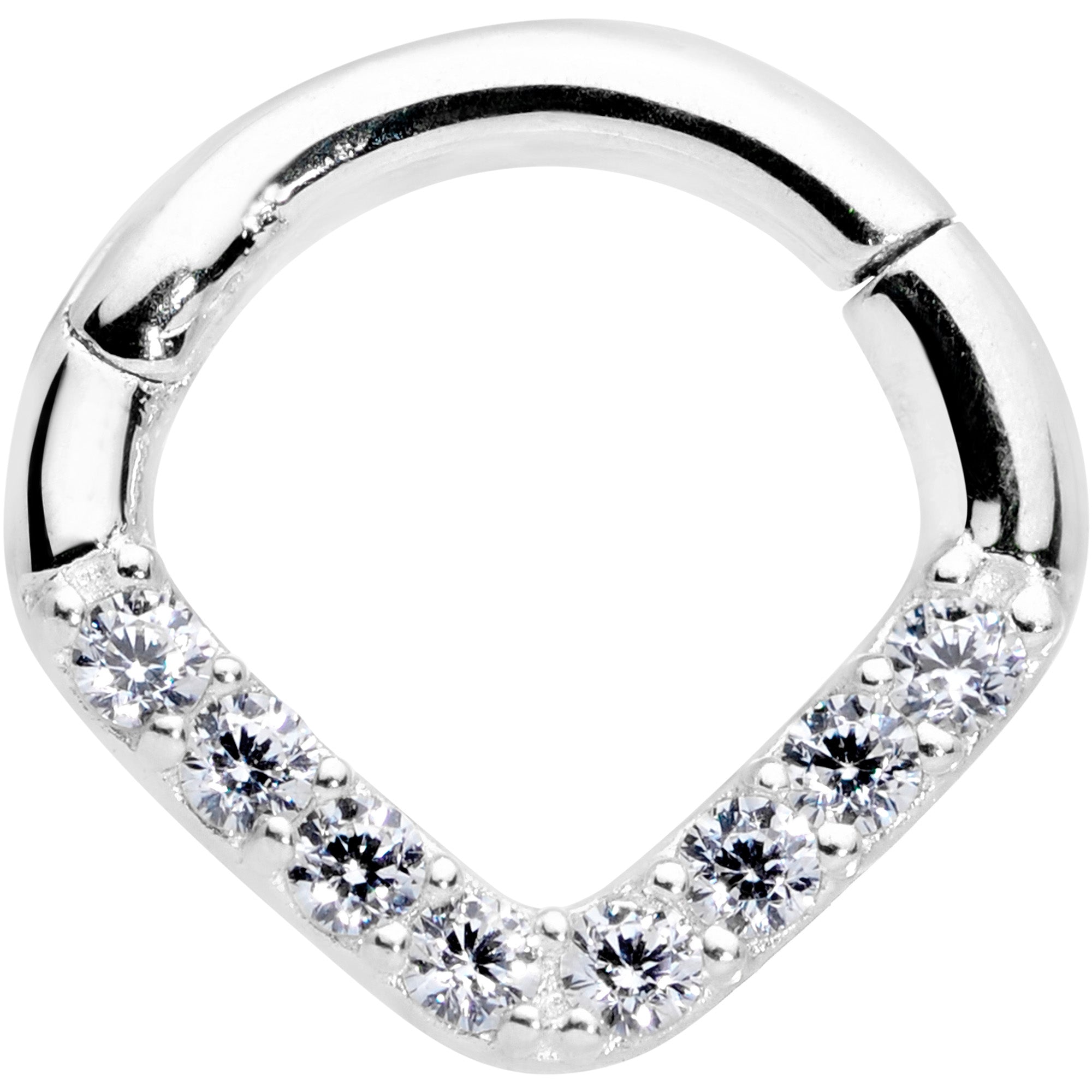 16G 1/4 14k White Gold Clear CZ Gem Chevron Hinged Segment Ring