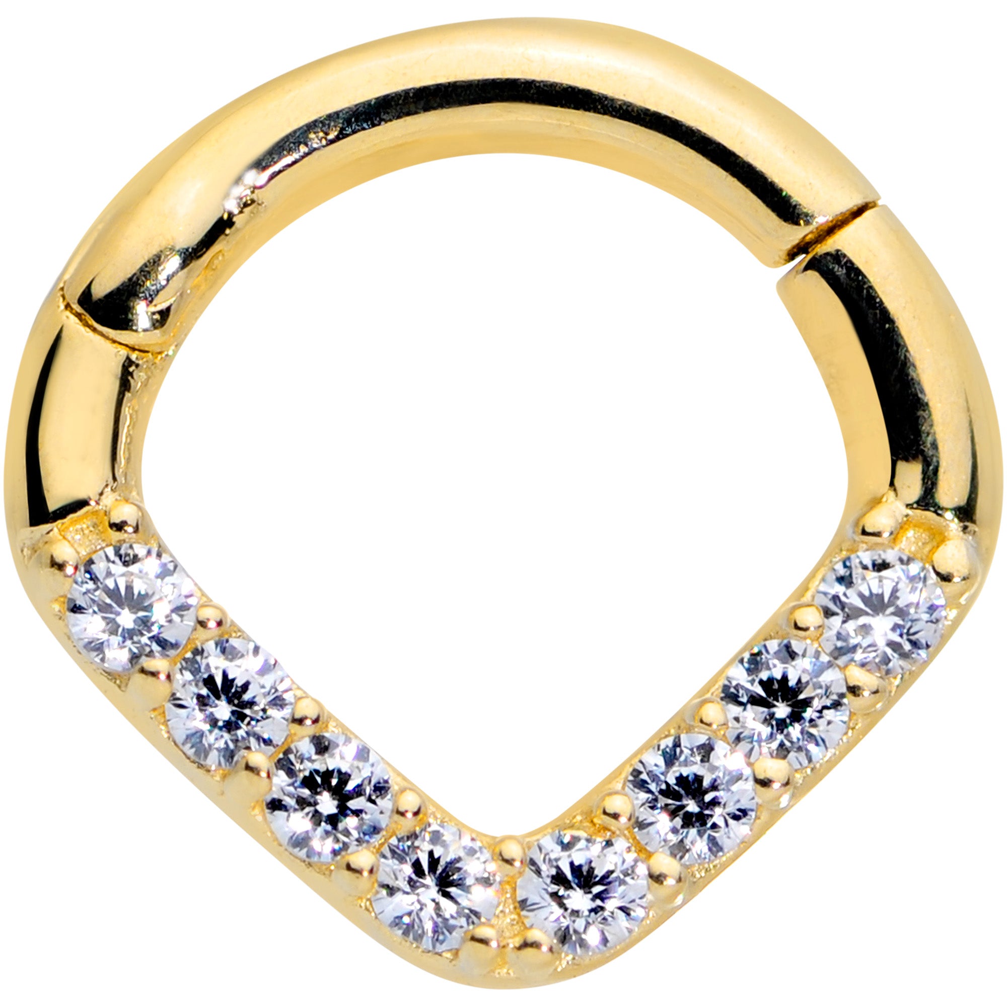 16G 1/4 14k Gold Clear CZ Gem Chevron Hinged Segment Ring