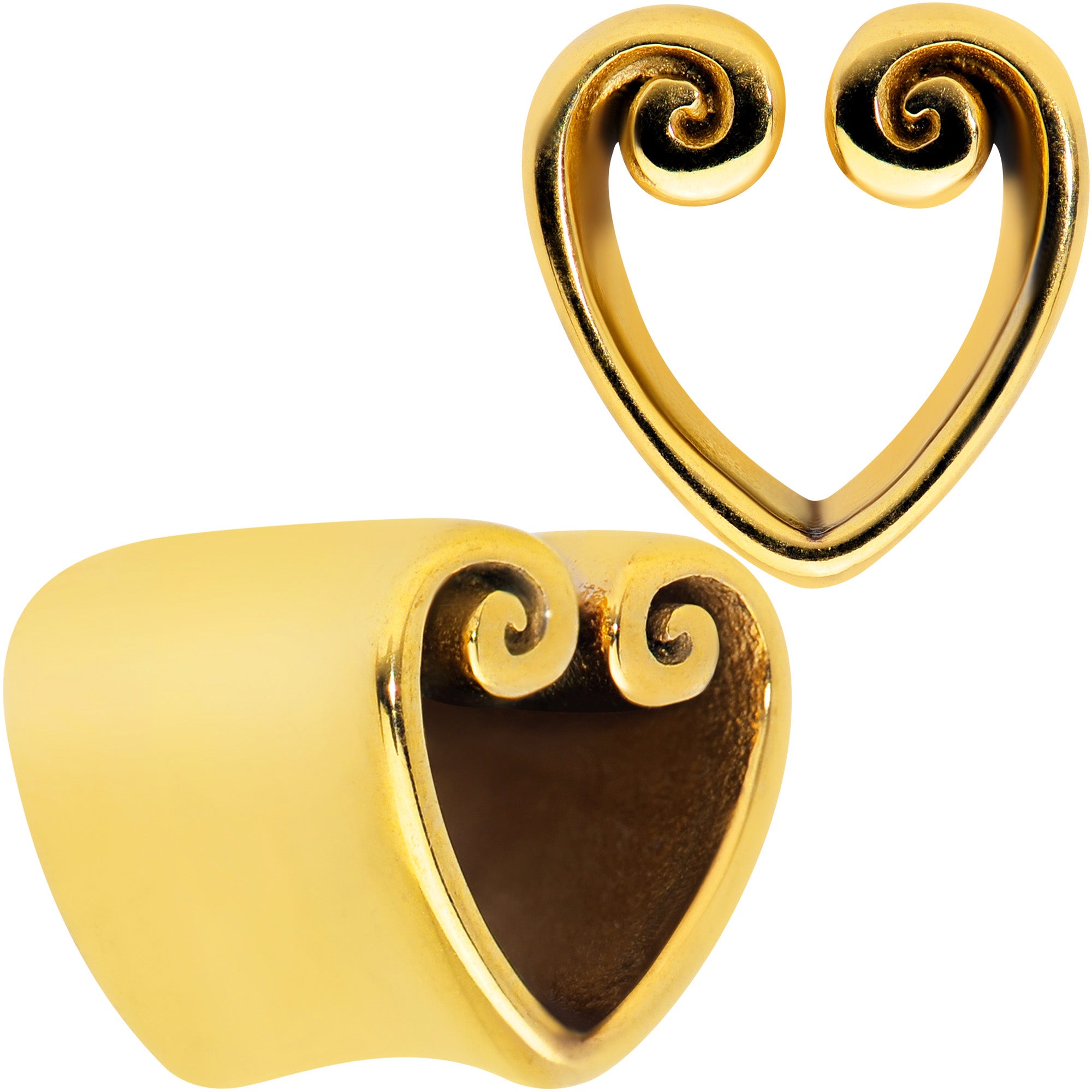 Gold Tone Curled Heart Valentines Day Tunnel Plug Set