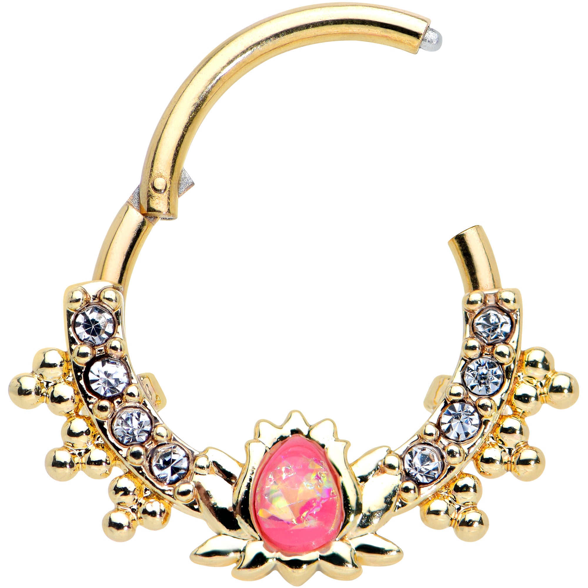 16G 3/8 Pink Faux Opal Gold Tone Style Lotus Hinged Segment Ring