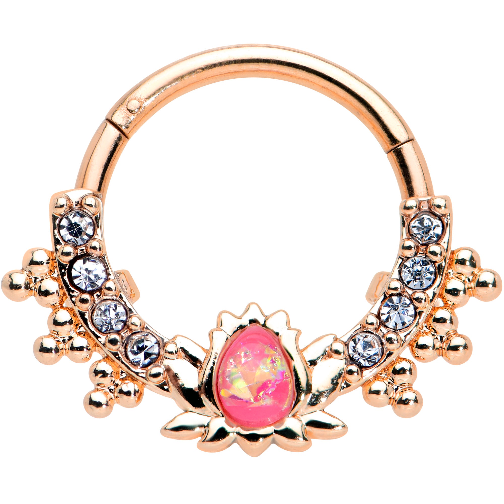 16G 3/8 Pink Faux Opal Rose Gold Hue Lotus Hinged Segment Ring