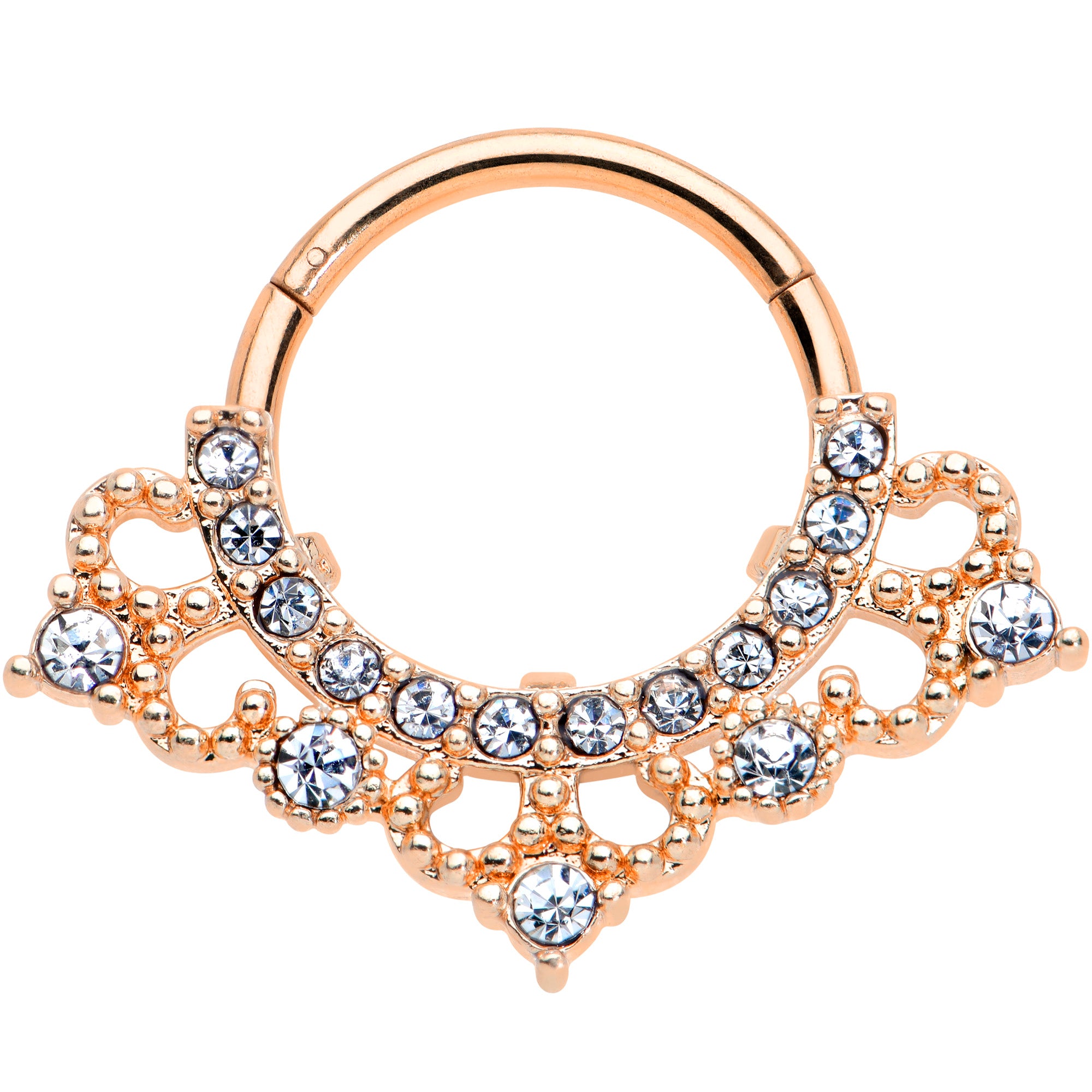 16G 3/8 Clear Gem Rose Gold Tone Tiny Tiara Hinged Segment Ring