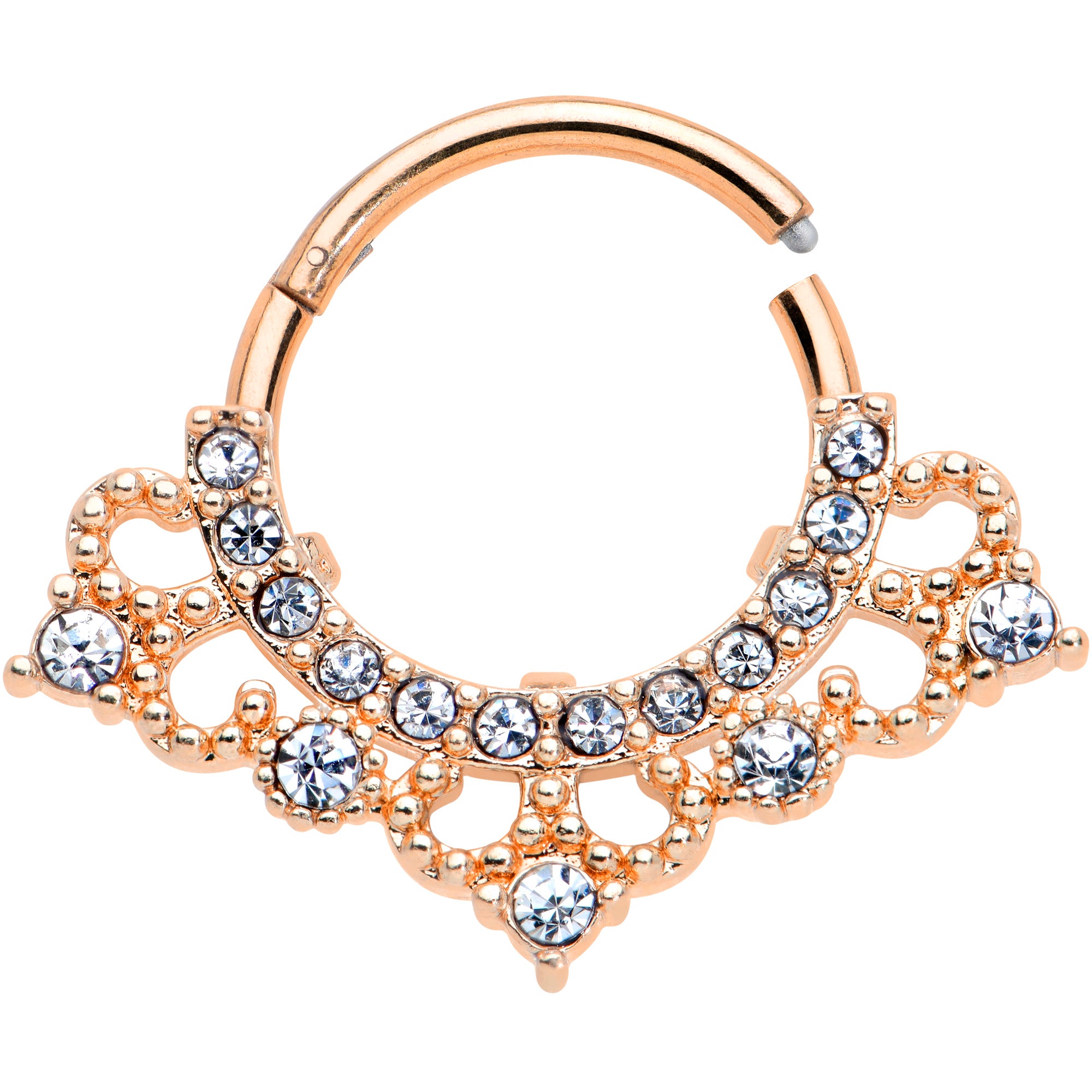 16G 3/8 Clear Gem Rose Gold Tone Tiny Tiara Hinged Segment Ring