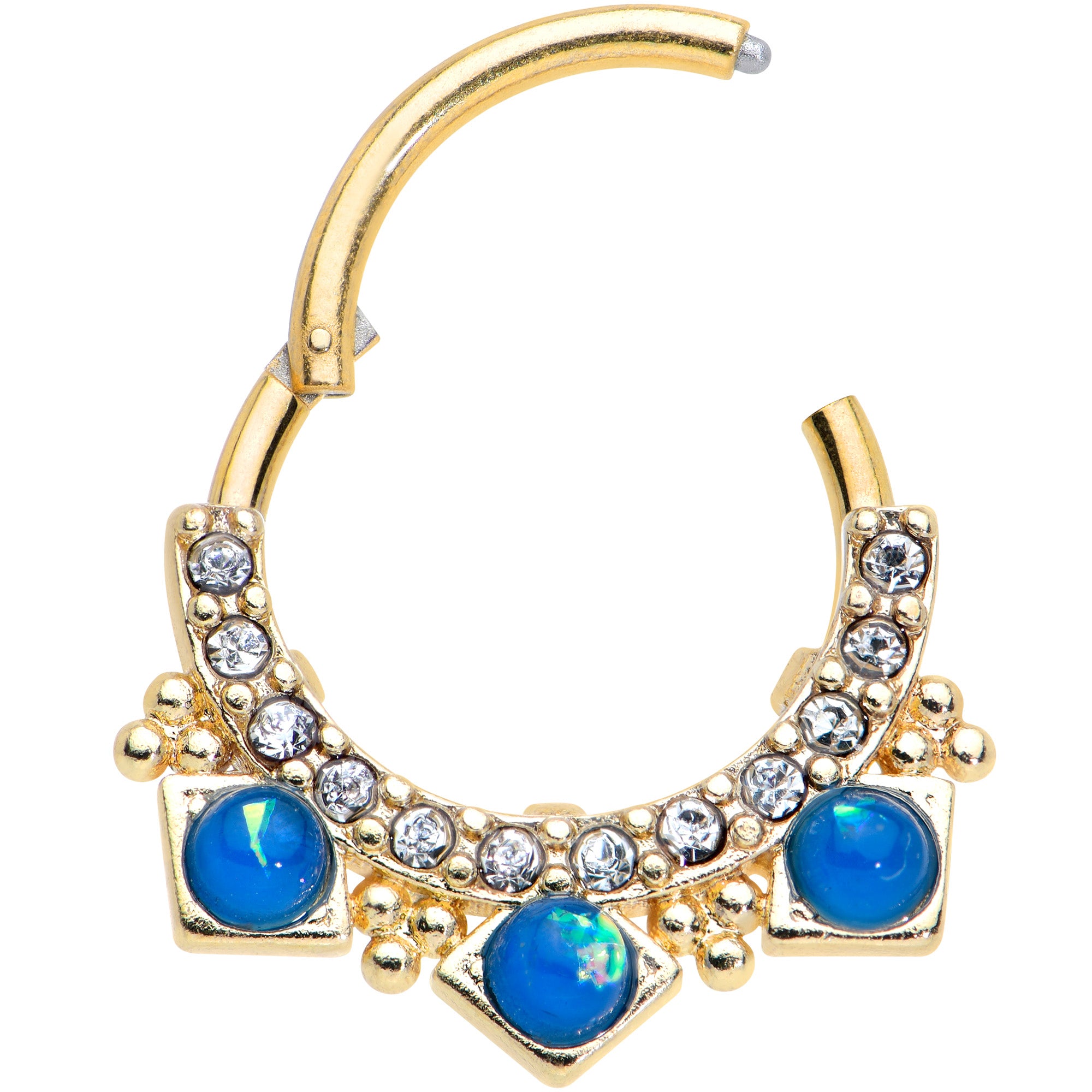 16G 3/8 Blue Faux Opal Gold Tone Squares Hinged Segment Ring