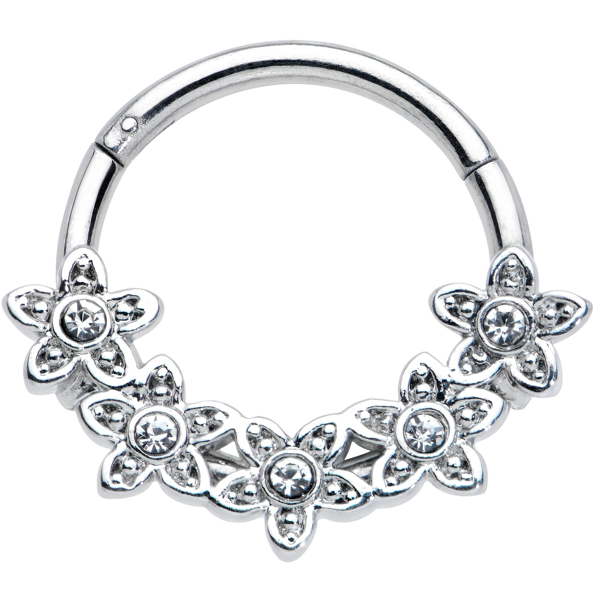 16G 3/8 Clear Gem Foxy Floral Hinged Segment Ring