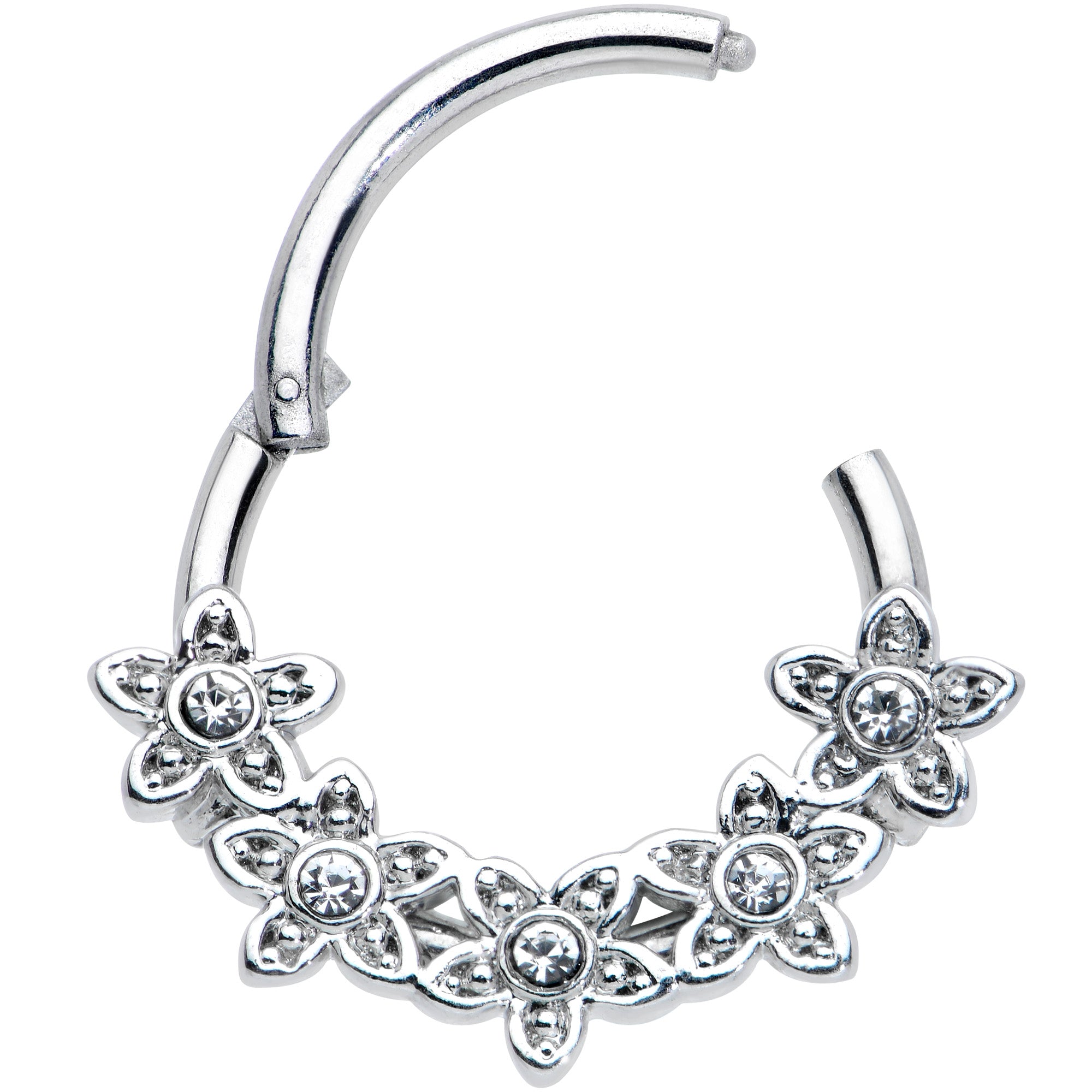 16G 3/8 Clear Gem Foxy Floral Hinged Segment Ring