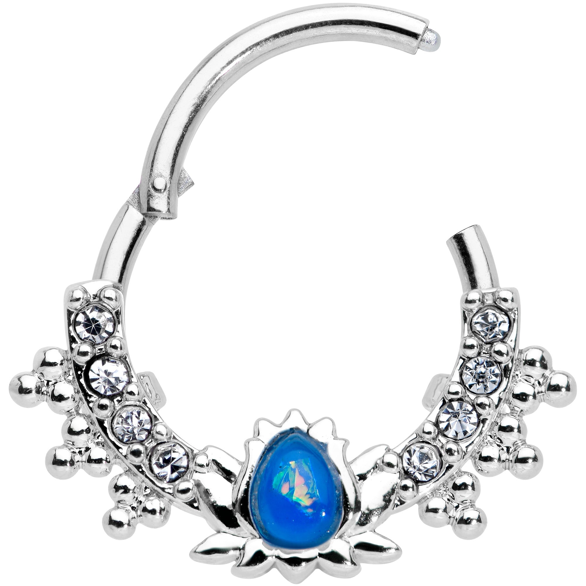 16G 3/8 Blue Faux Opal Stylized Lotus Hinged Segment Ring