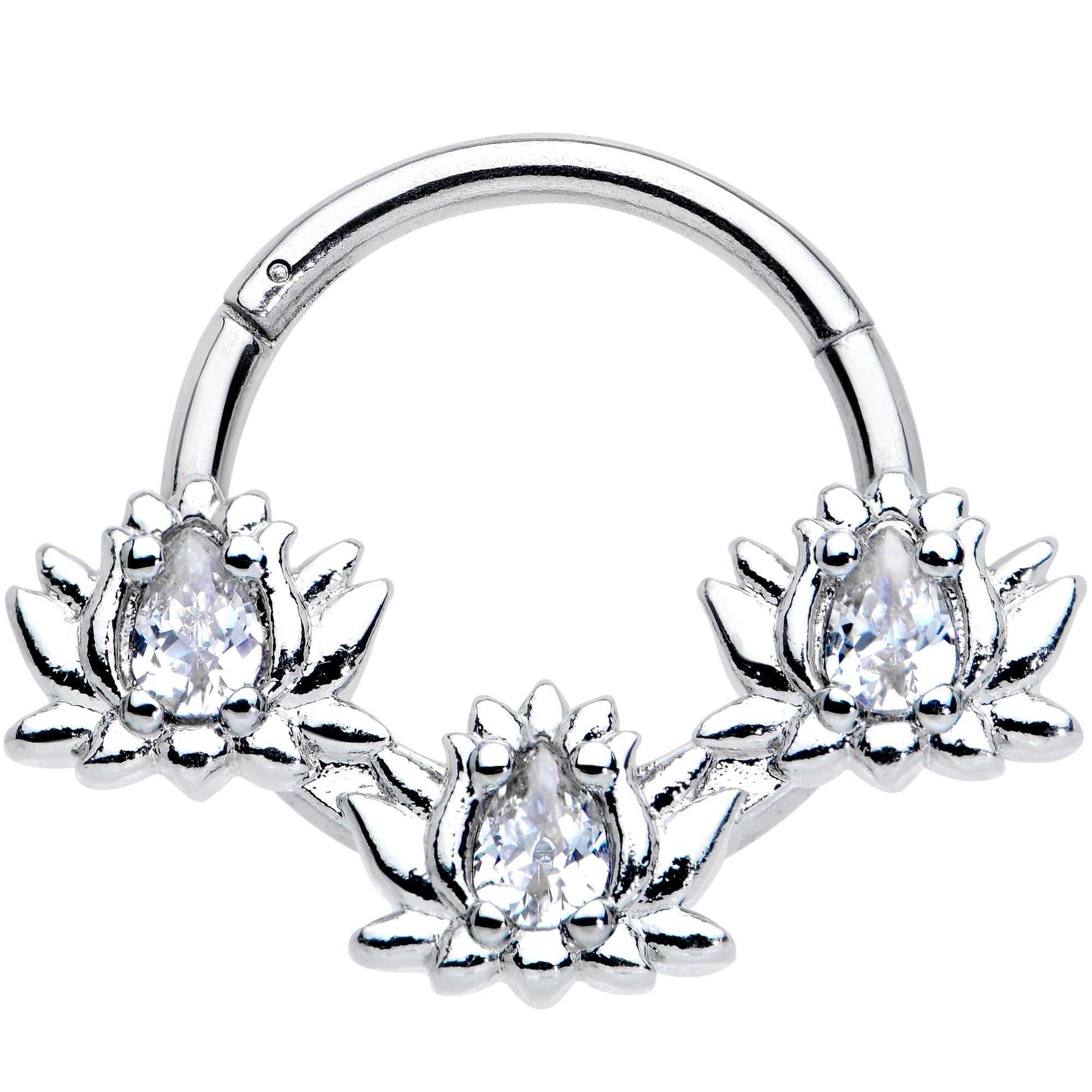 16G 3/8 Clear CZ Gem Triple Lotus Hinged Segment Ring