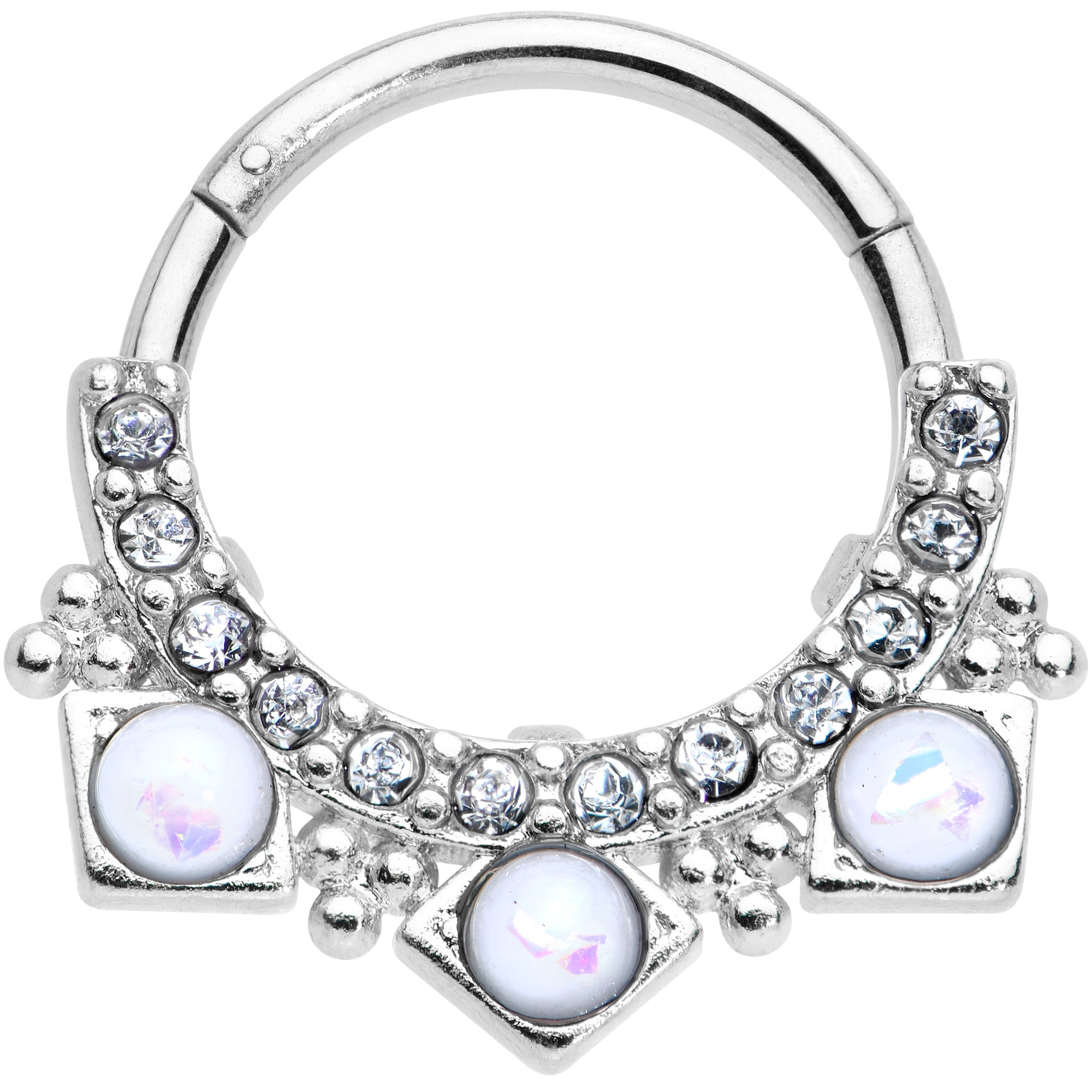 16G 3/8 White Faux Opal Squares Hinged Segment Ring