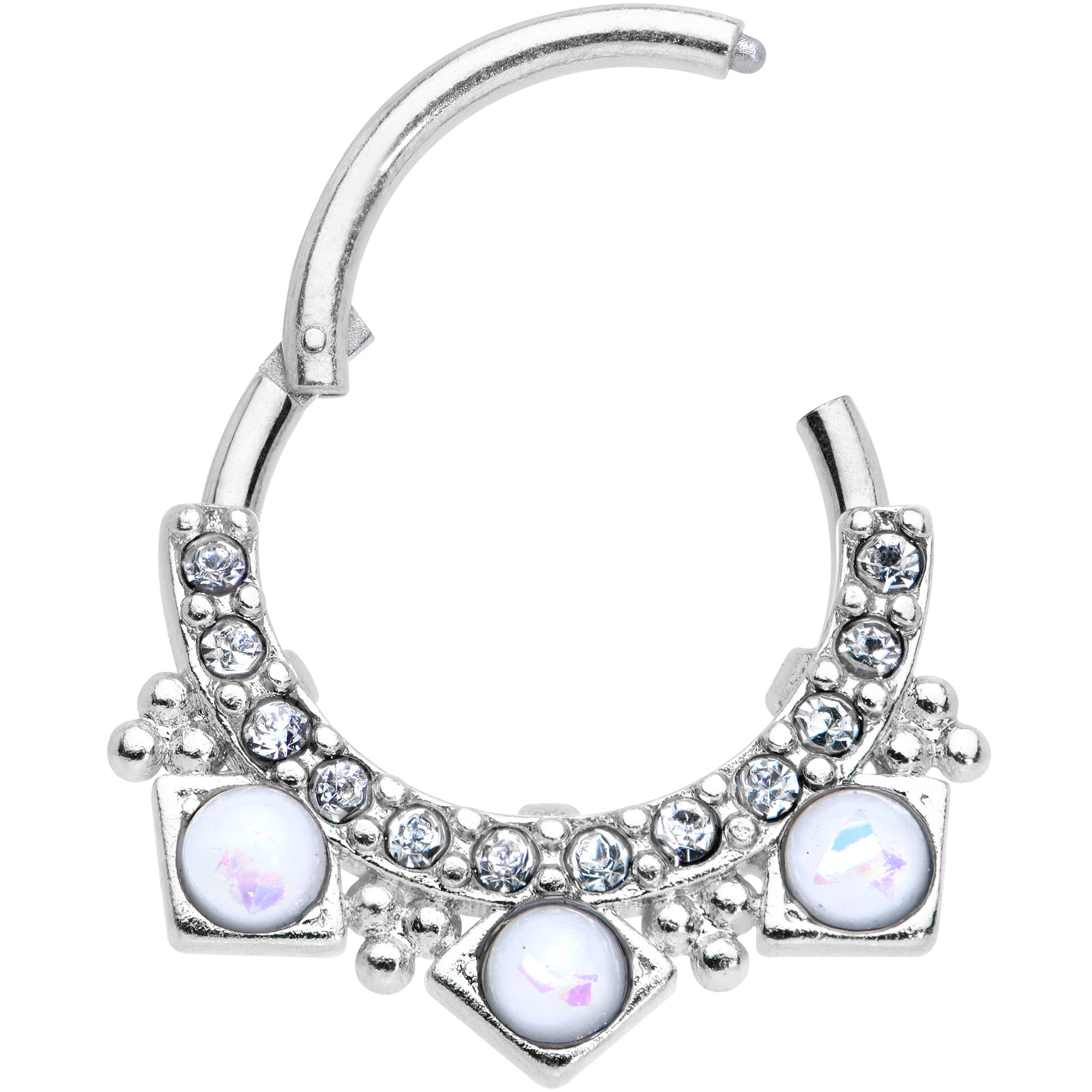 16G 3/8 White Faux Opal Squares Hinged Segment Ring