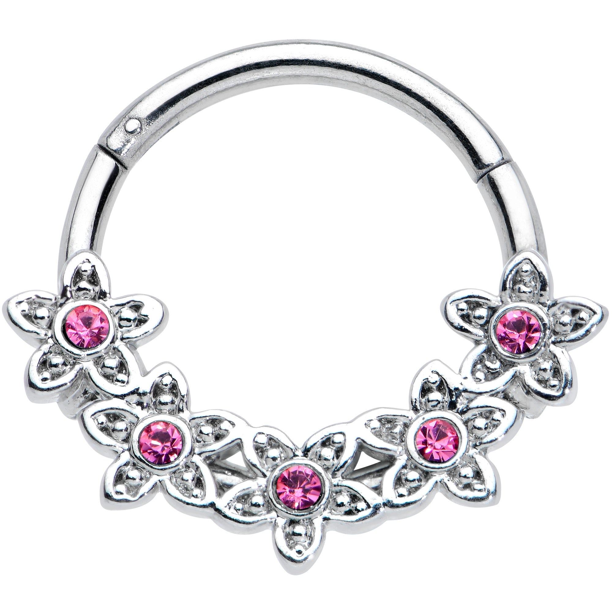 16G 3/8 Pink Gem Foxy Floral Hinged Segment Ring