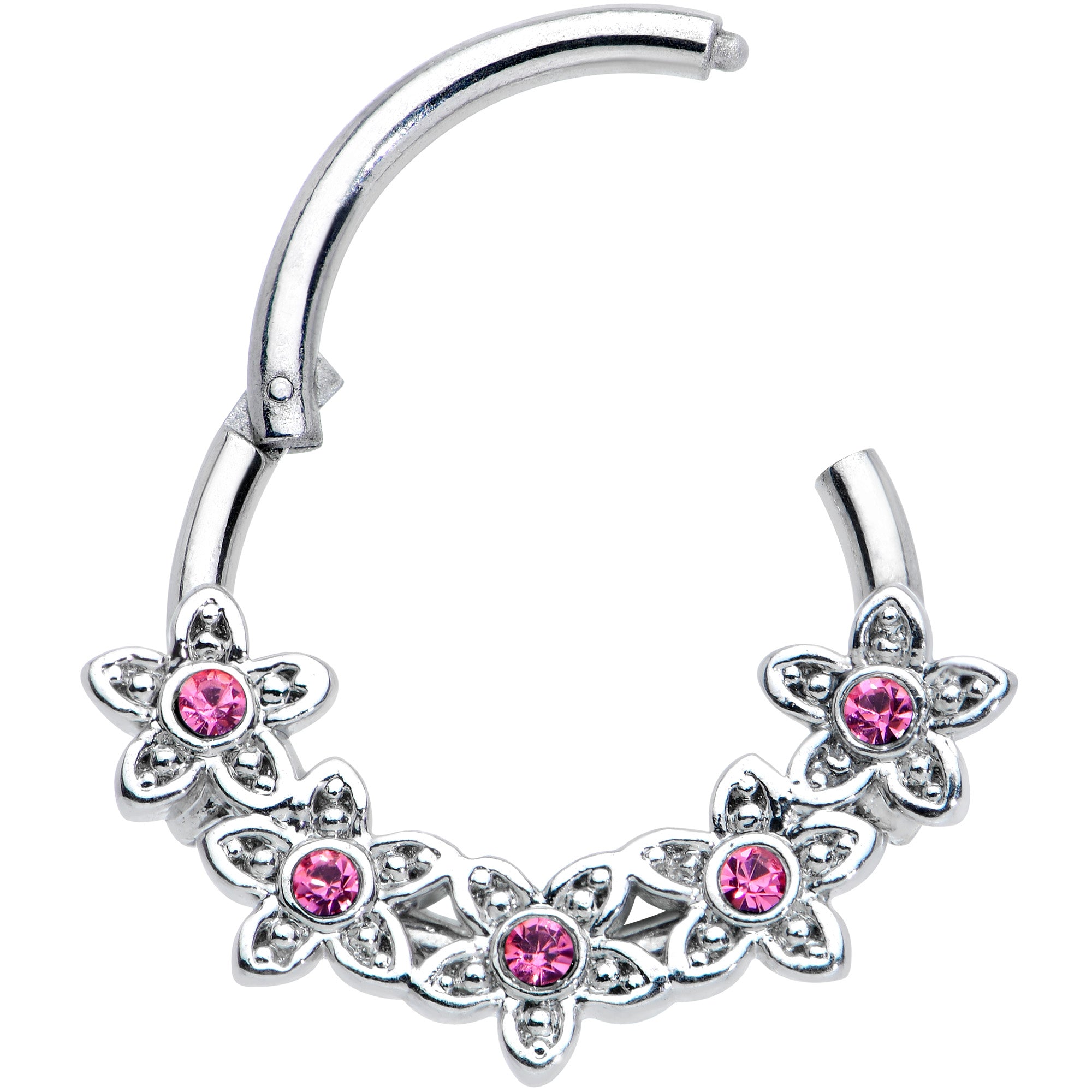 16G 3/8 Pink Gem Foxy Floral Hinged Segment Ring