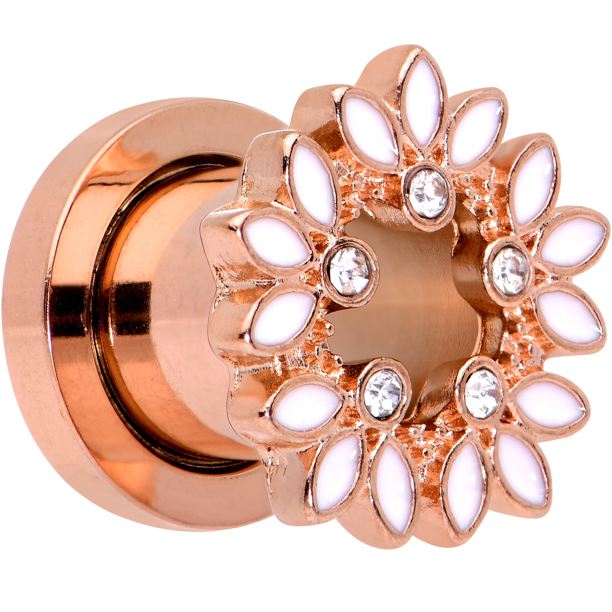 2G Clear Gem Rose Gold Hue White Leaves Screw Fit Tunnel Plug Set