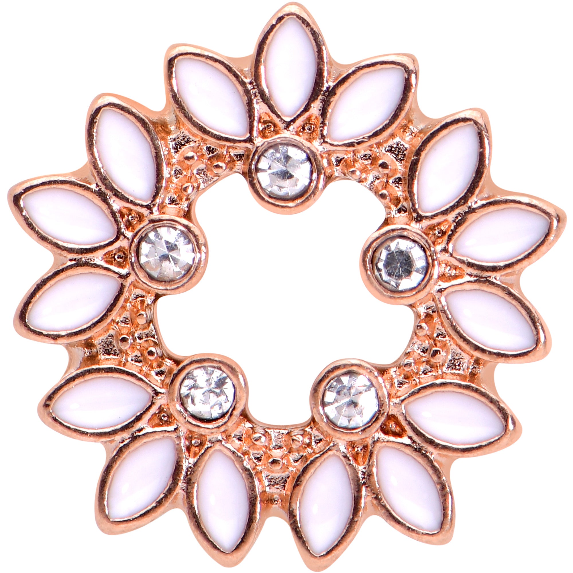 2G Clear Gem Rose Gold Hue White Leaves Screw Fit Tunnel Plug Set