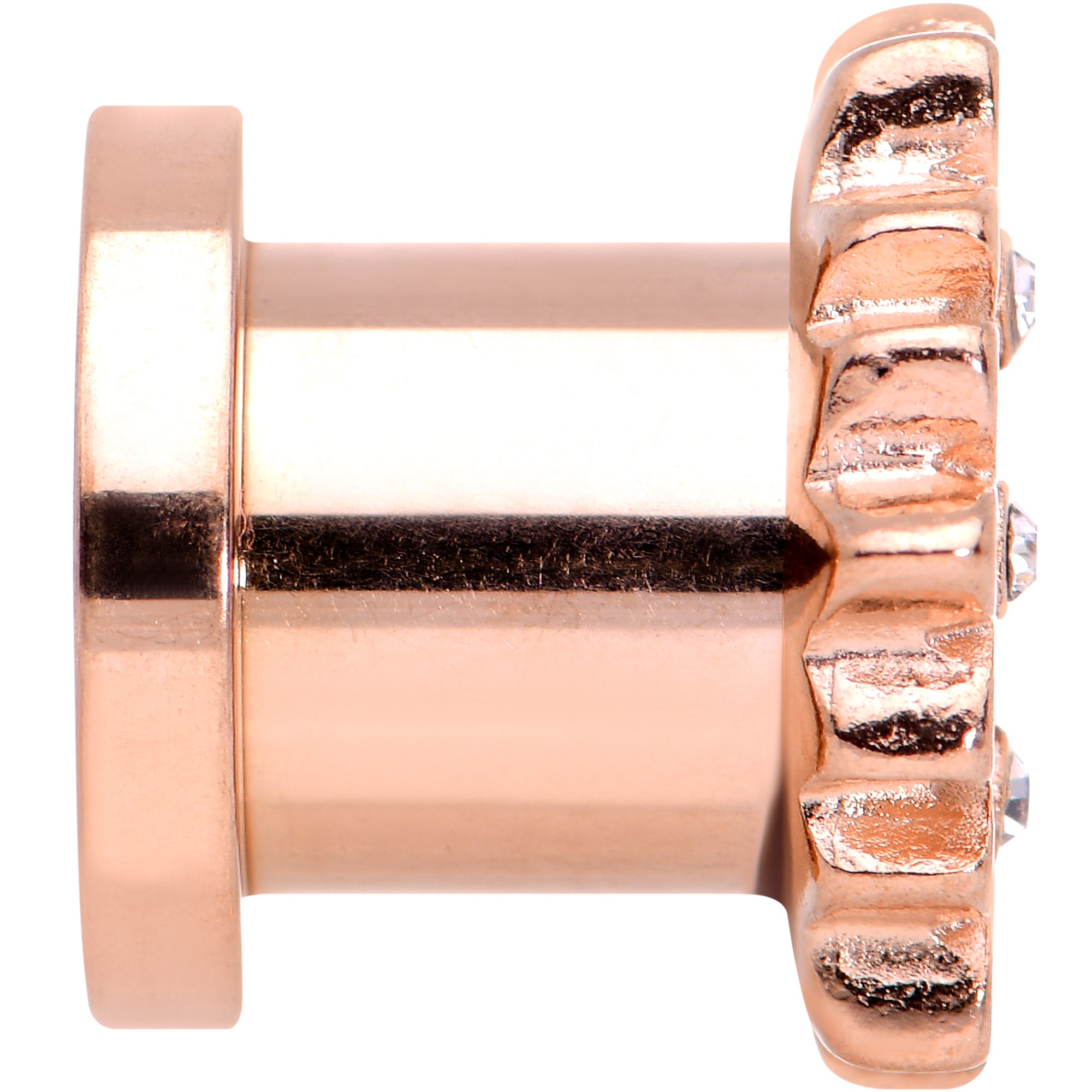 2G Clear Gem Rose Gold Hue White Leaves Screw Fit Tunnel Plug Set