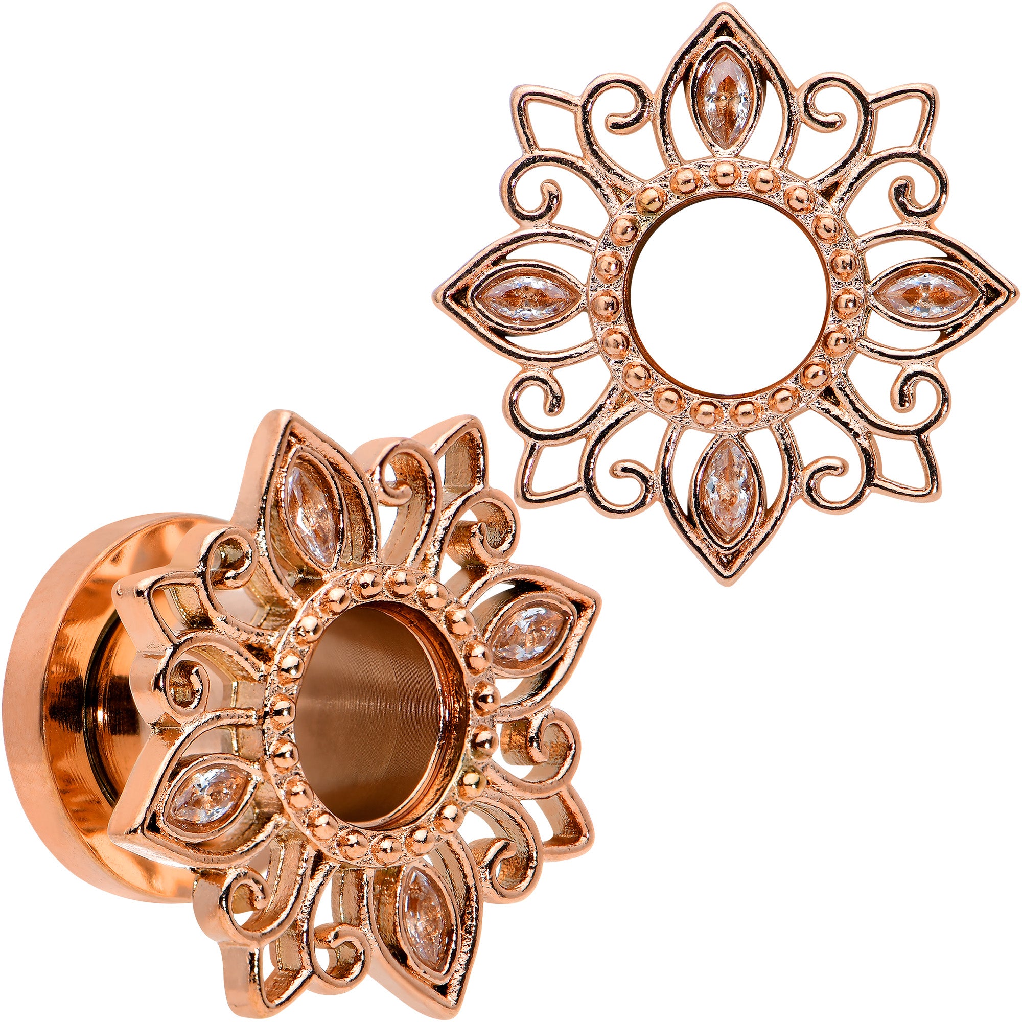 2G Brown Gem Rose Gold Tone Floral Screw Fit Tunnel Plug Set