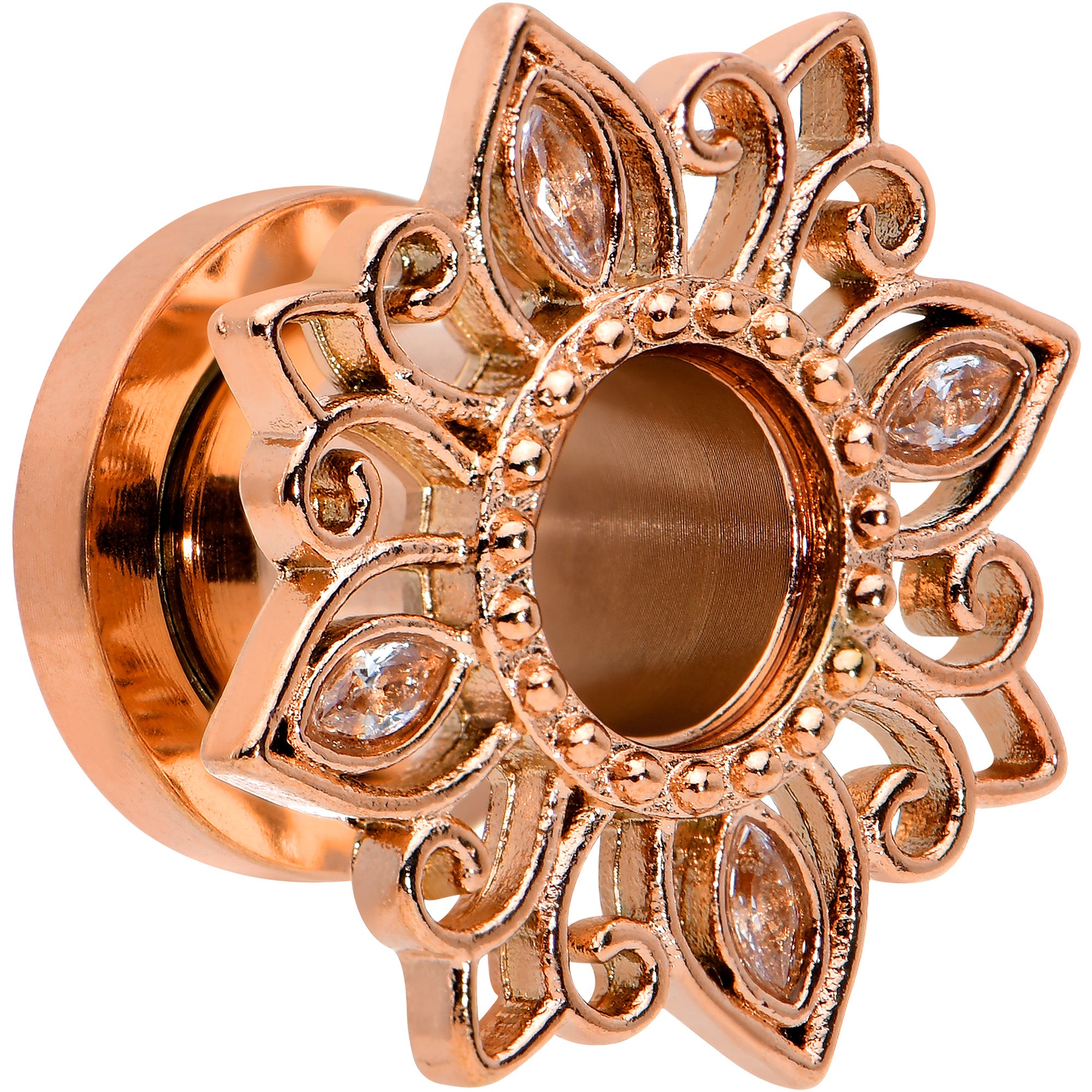2G Brown Gem Rose Gold Tone Floral Screw Fit Tunnel Plug Set
