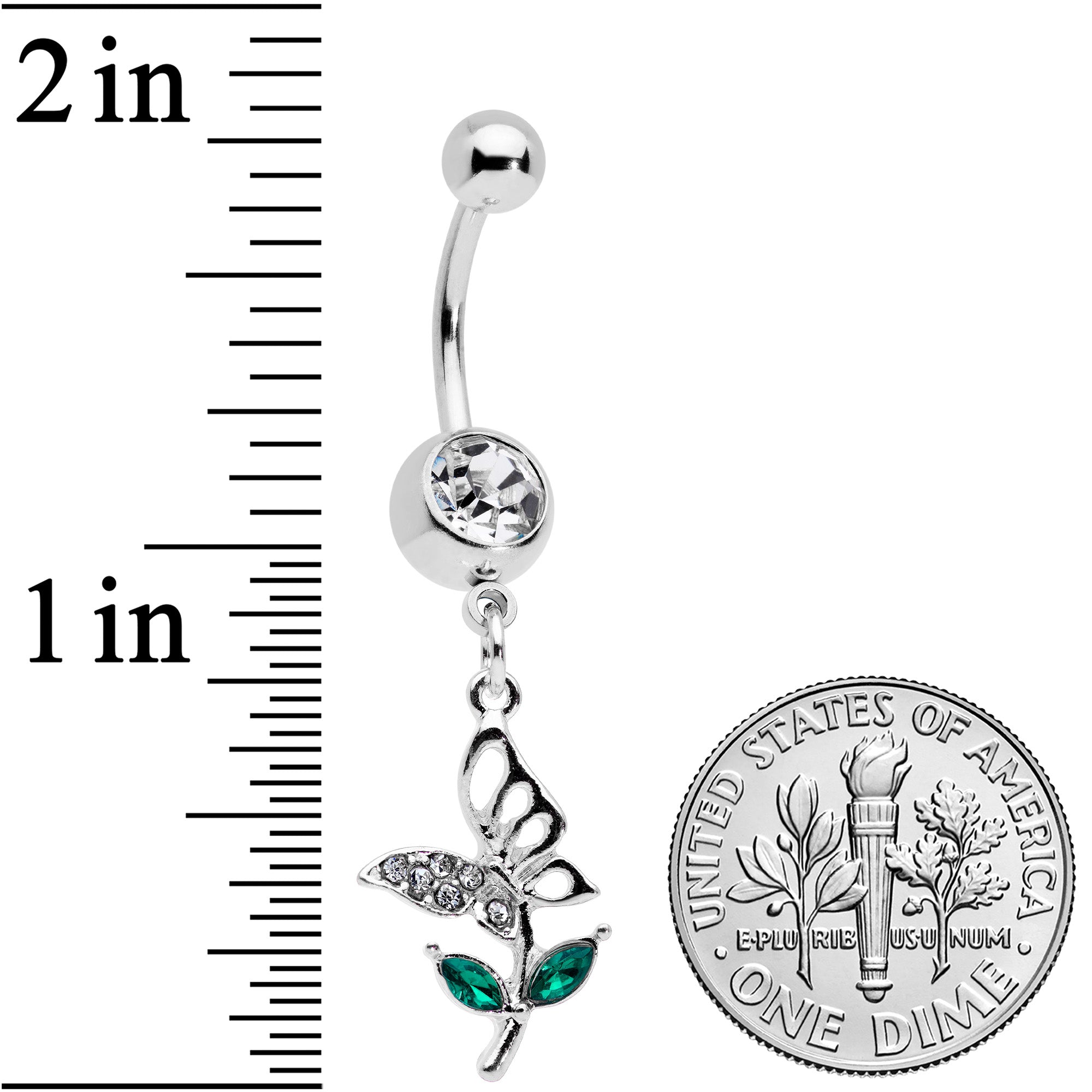 Clear Green Gem Perching Floral Butterfly Dangle Belly Ring