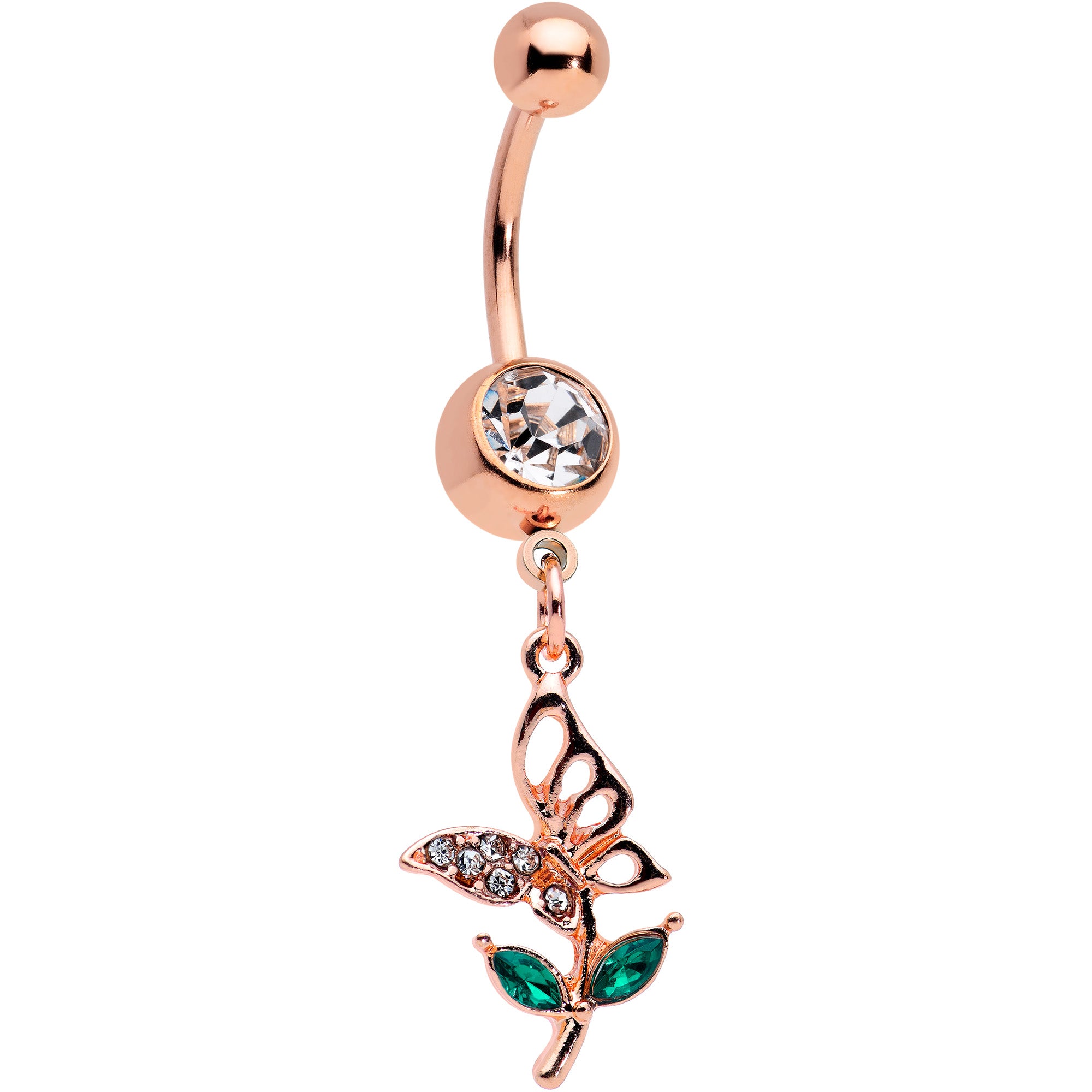 Clear Gem Rose Gold Tone Perching Floral Butterfly Dangle Belly Ring