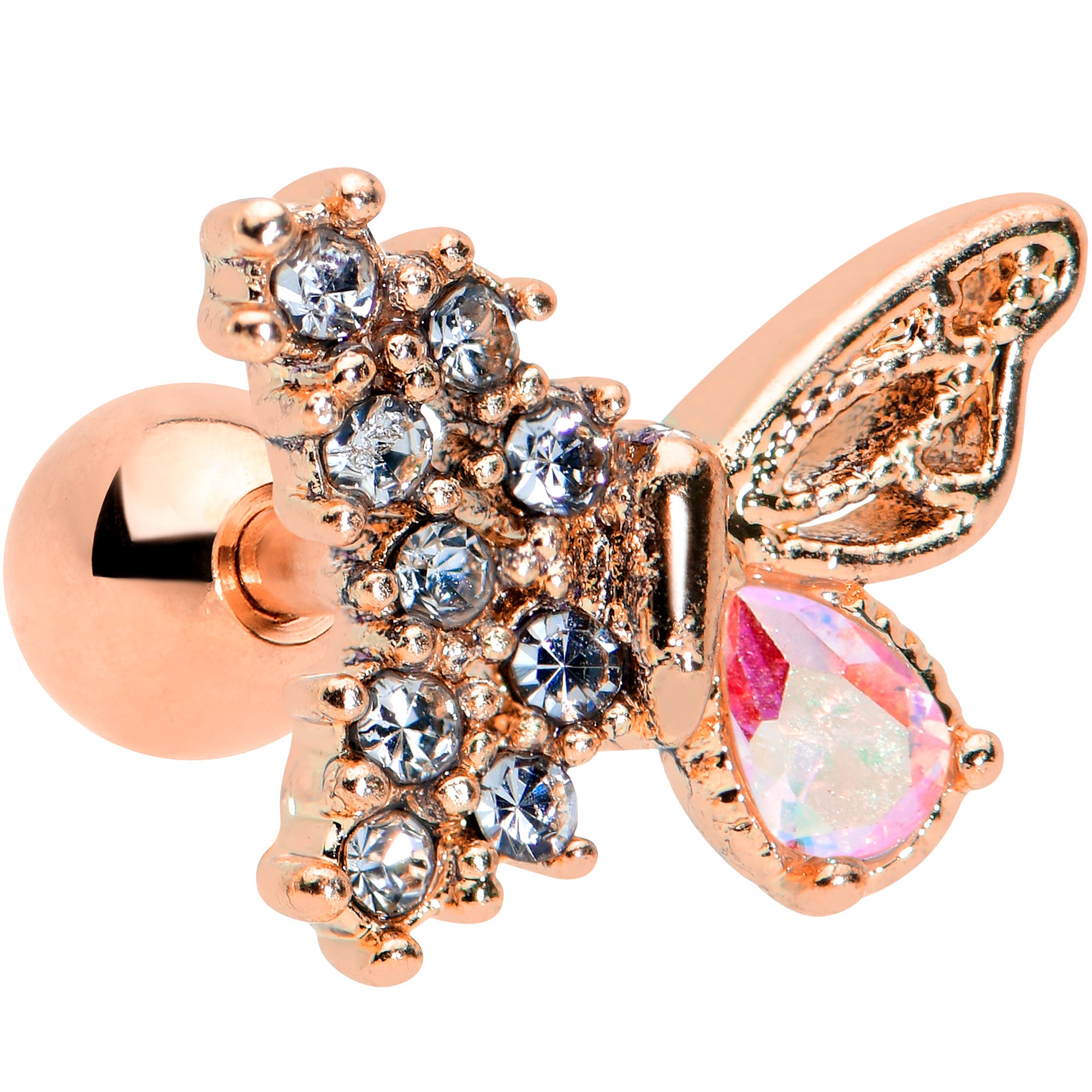 16G 1/4 Clear Gem Rose Gold Tone Glam Butterfly Cartilage Tragus