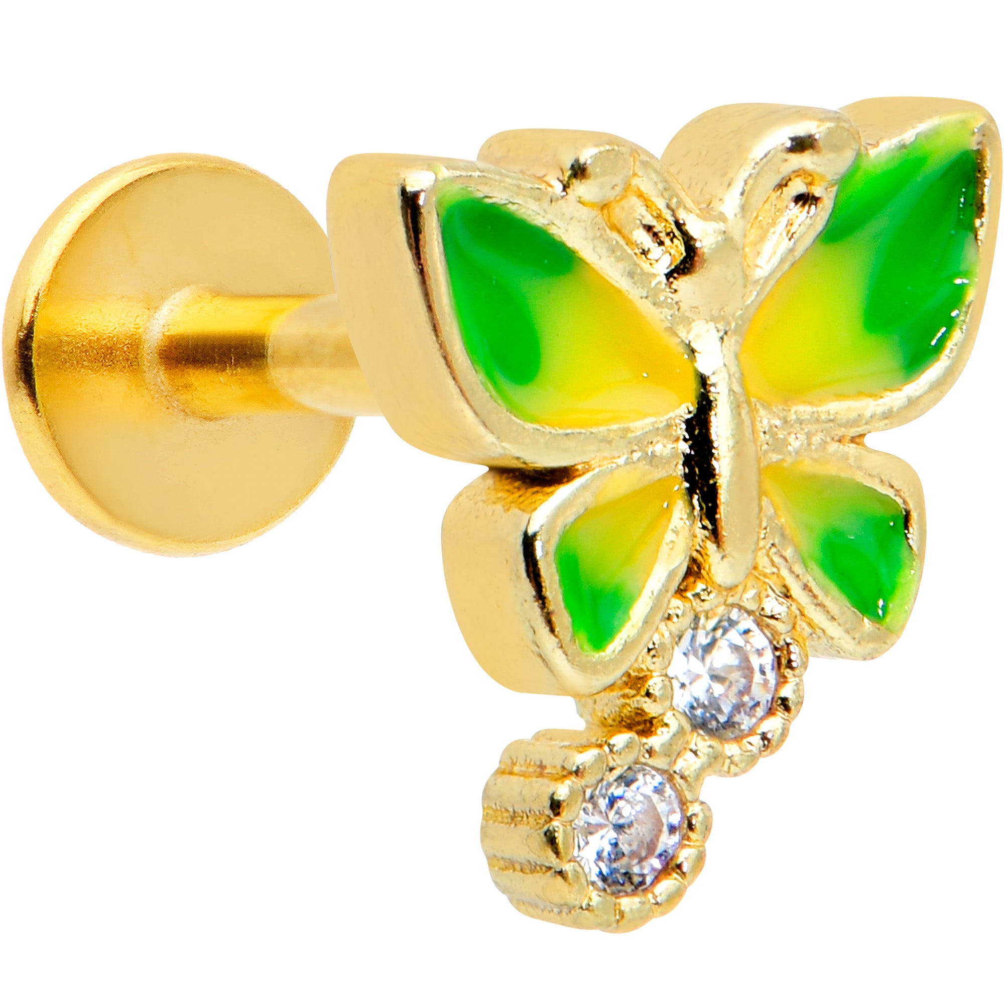 16G 1/4 Clear CZ Gem Gold Tone Green Butterfly Labret Tragus