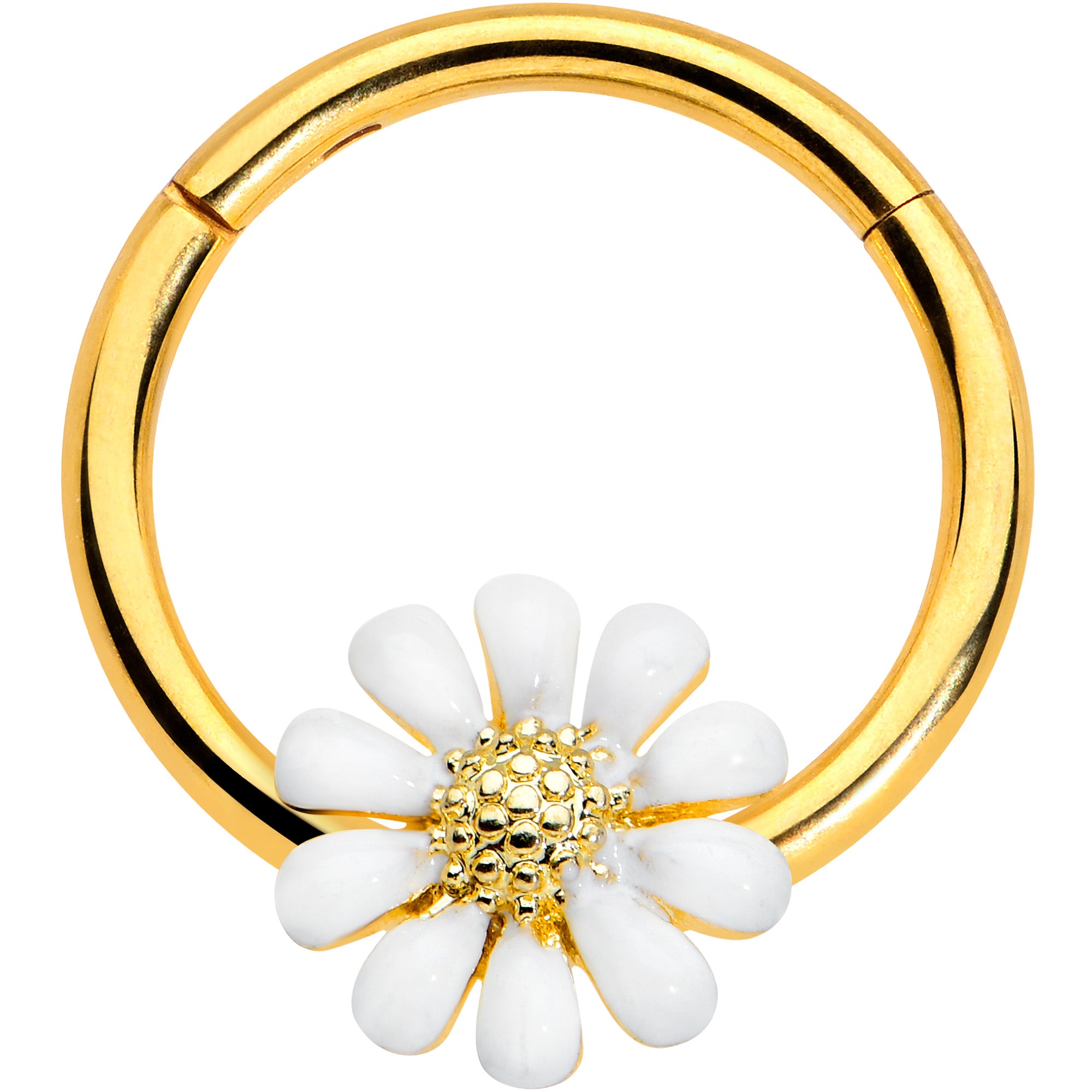 16G 3/8 Gold Tone Innocence White Flower Hinged Segment Ring